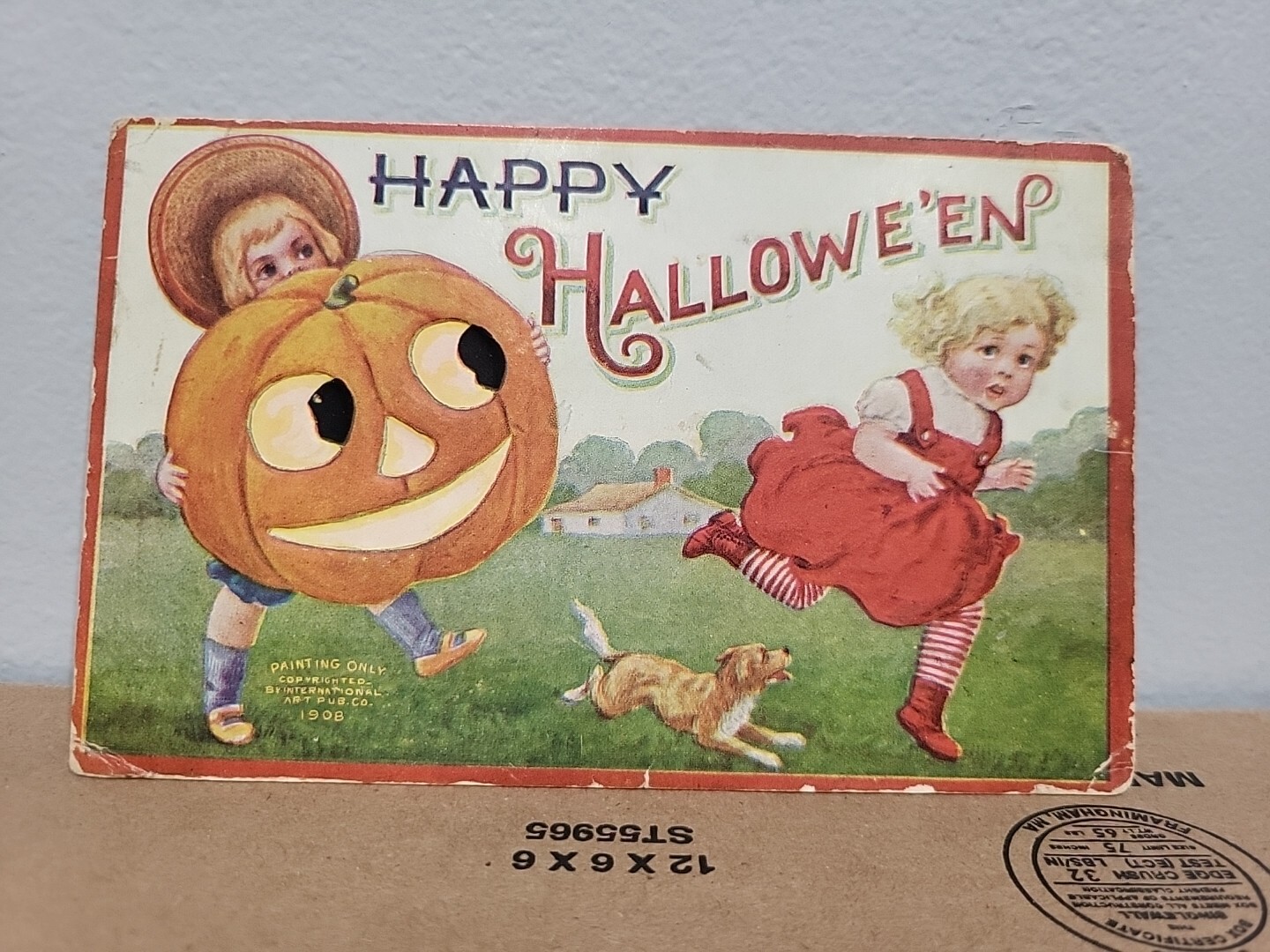 Antique Halloween Postcard 1908 Happy Halloween I.A.P.C. Children Jack O Lantern