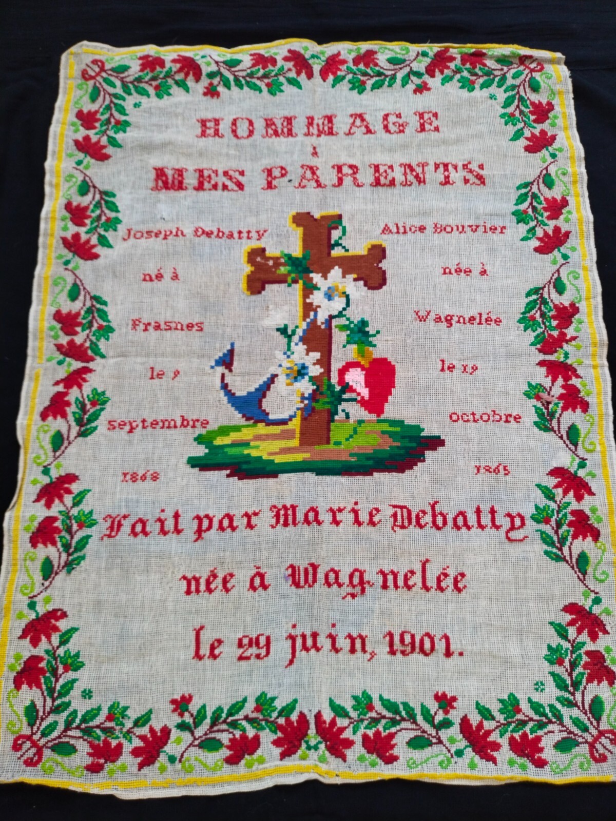 Antique 1901 French Sampler Hommage A Mes Parents Needlework Embroidery Cross Antique 1901 French Sampler Hommage A Mes Parents Needlework Embroidery Cross