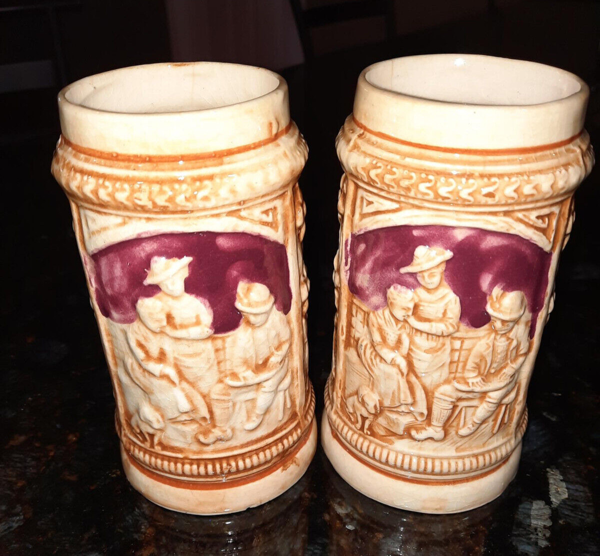 2 Vintage Maruhon Ware Japan Ceramic Beer Stein Mugs Relief Tavern Scene NO388