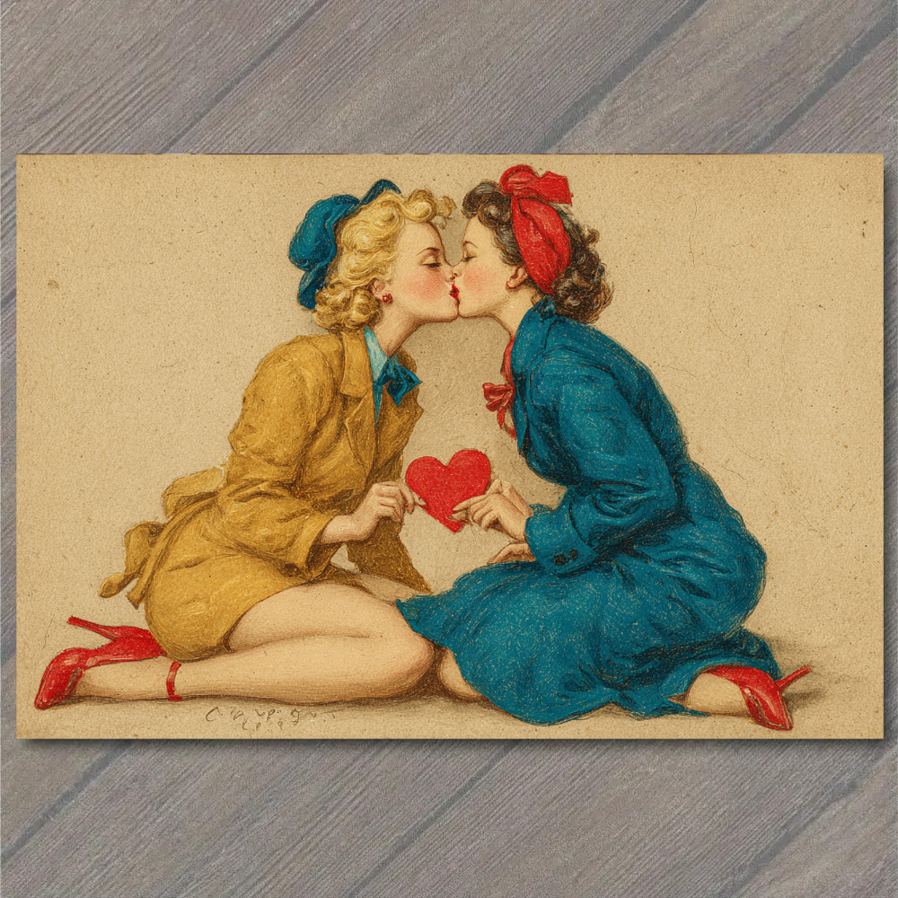 POSTCARD Retro Romantic Women Kiss Heart Vintage Style Love POSTCARD Retro Romantic Women Kiss Heart Vintage Style Love