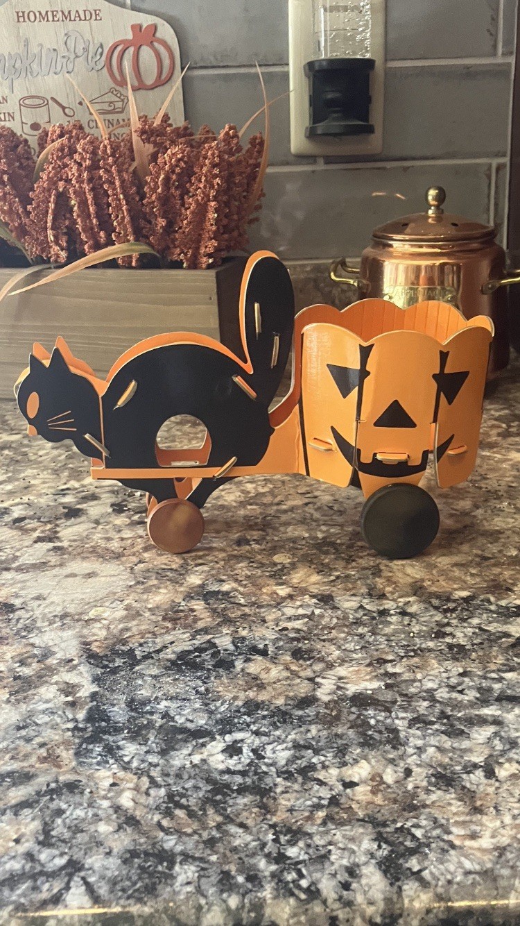 Vtg Halloween Black Cat Jack O’Lantern Pumpkin Cart Toy Candy Container Vtg Halloween Black Cat Jack O’Lantern Pumpkin Cart Toy Candy Container