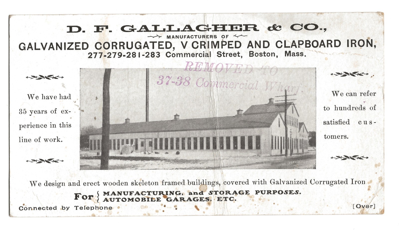 1905-10 D.F. Gallagher Galvanized metal ad card, factory, Boston, history 1905-10 D.F. Gallagher Galvanized metal ad card, factory, Boston, history