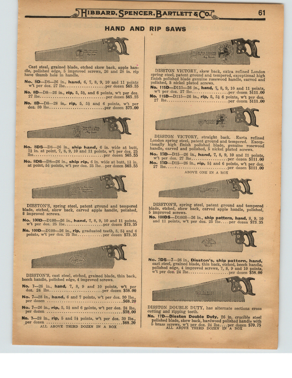 1927 PAPER AD 3 PG Disston's Victory Hibbard Cruso Hand Panel Rip Back Saw