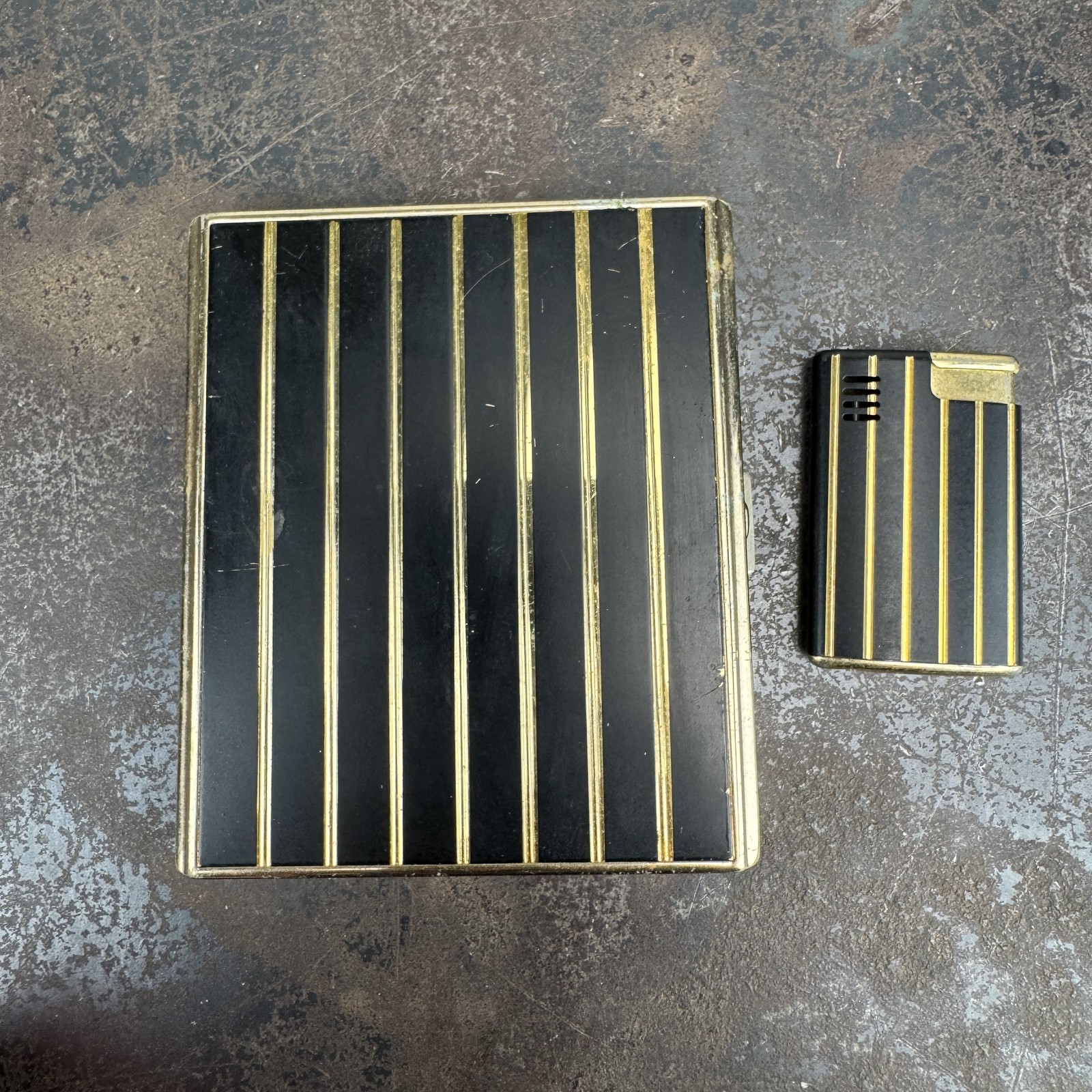 Vtg COLIBRI Butane Lighter Japan Gold w/ Black Stripes w/ Cigarette Case