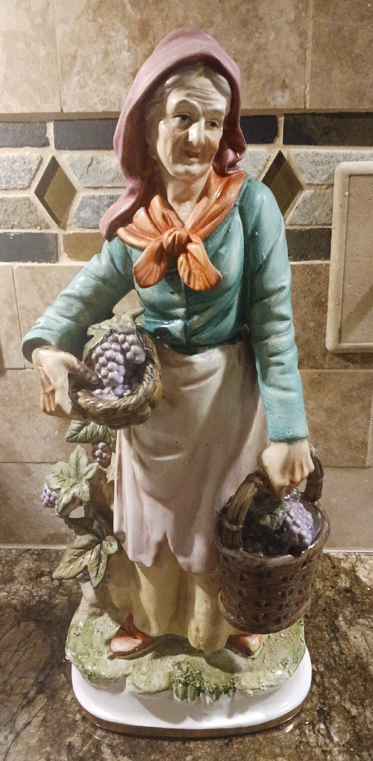 Vintage Mid-Century Old Woman Ceramic Figurine Statue Fruit Baskets