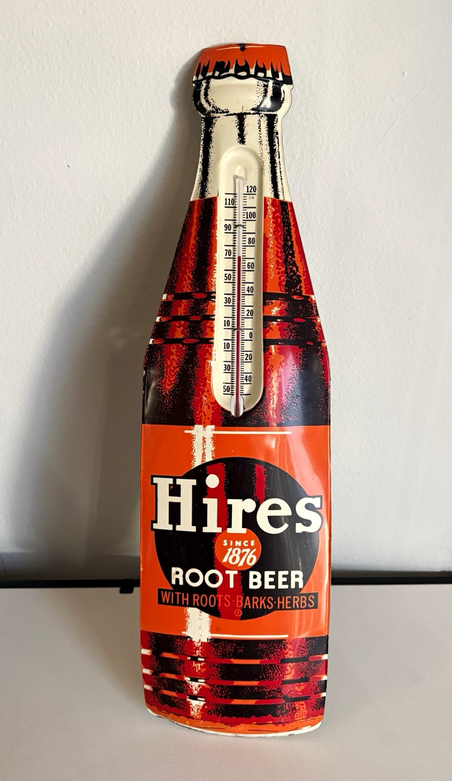 Original Vintage 1950s Hires Root Beer Tin Litho Bottle Thermometer Sign: Works Original Vintage 1950s Hires Root Beer Tin Litho Bottle Thermometer Sign: Works