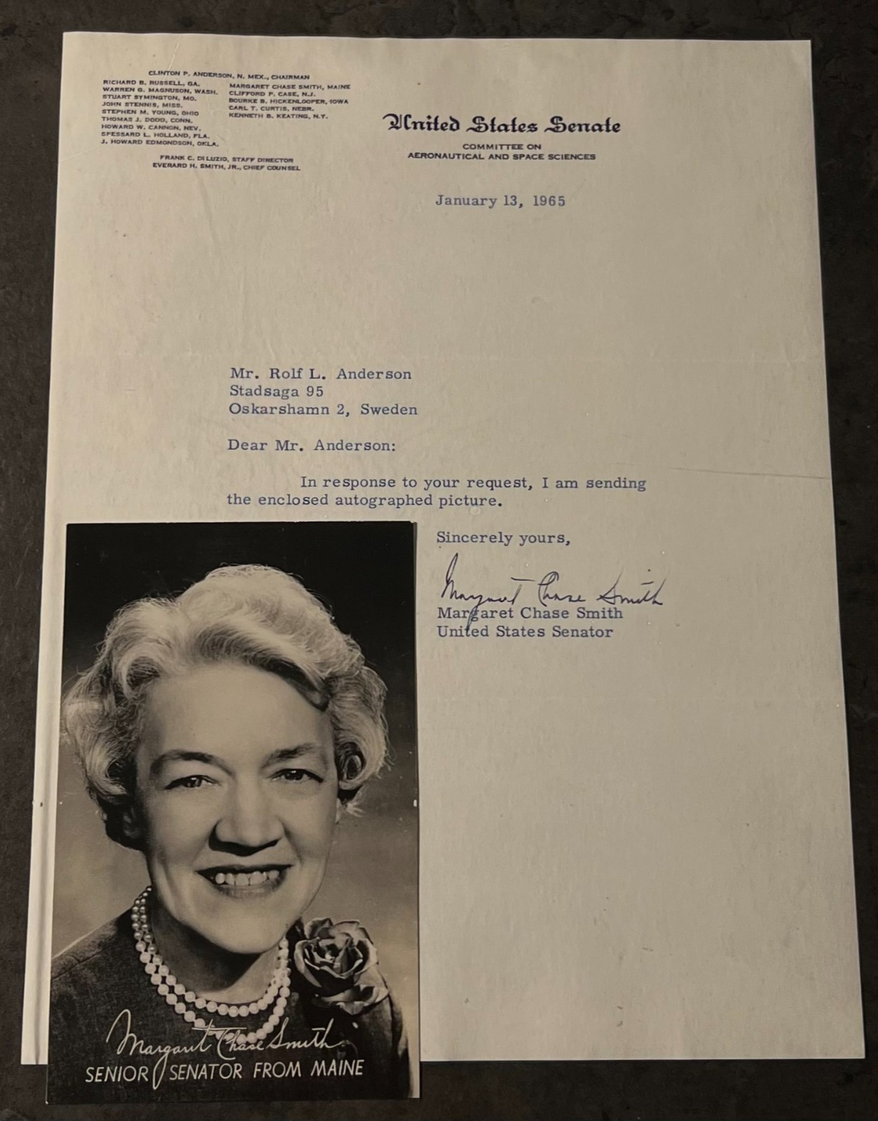 Margaret Chase Smith Signed Letter 1965 + Photo U.S. Senator Maine Autograph