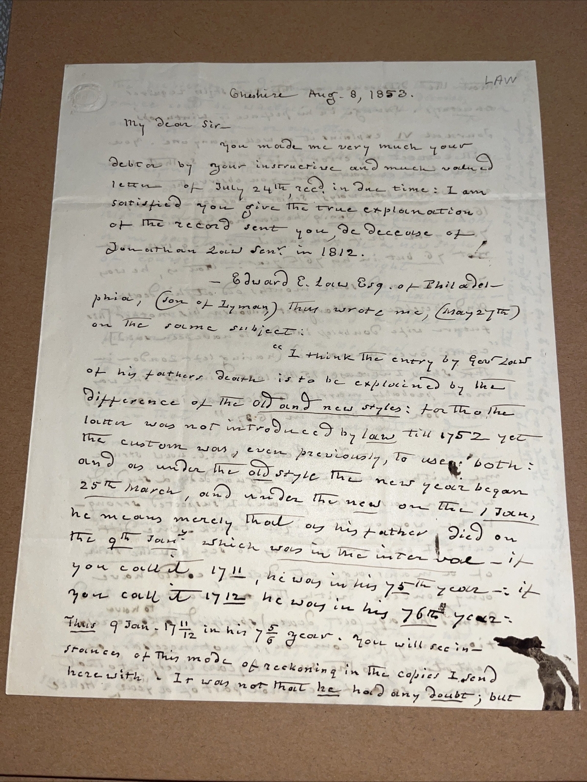 1853 Letter to Famous Hartford CT Lawyer on Governor Jonathan Law Genealogy