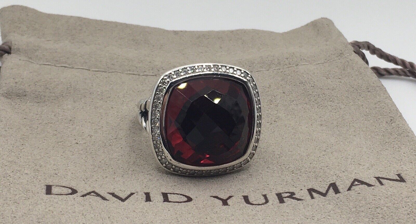 David Yurman Sterling Silver Albion 17mm Garnet & Diamond Ring Size 7
