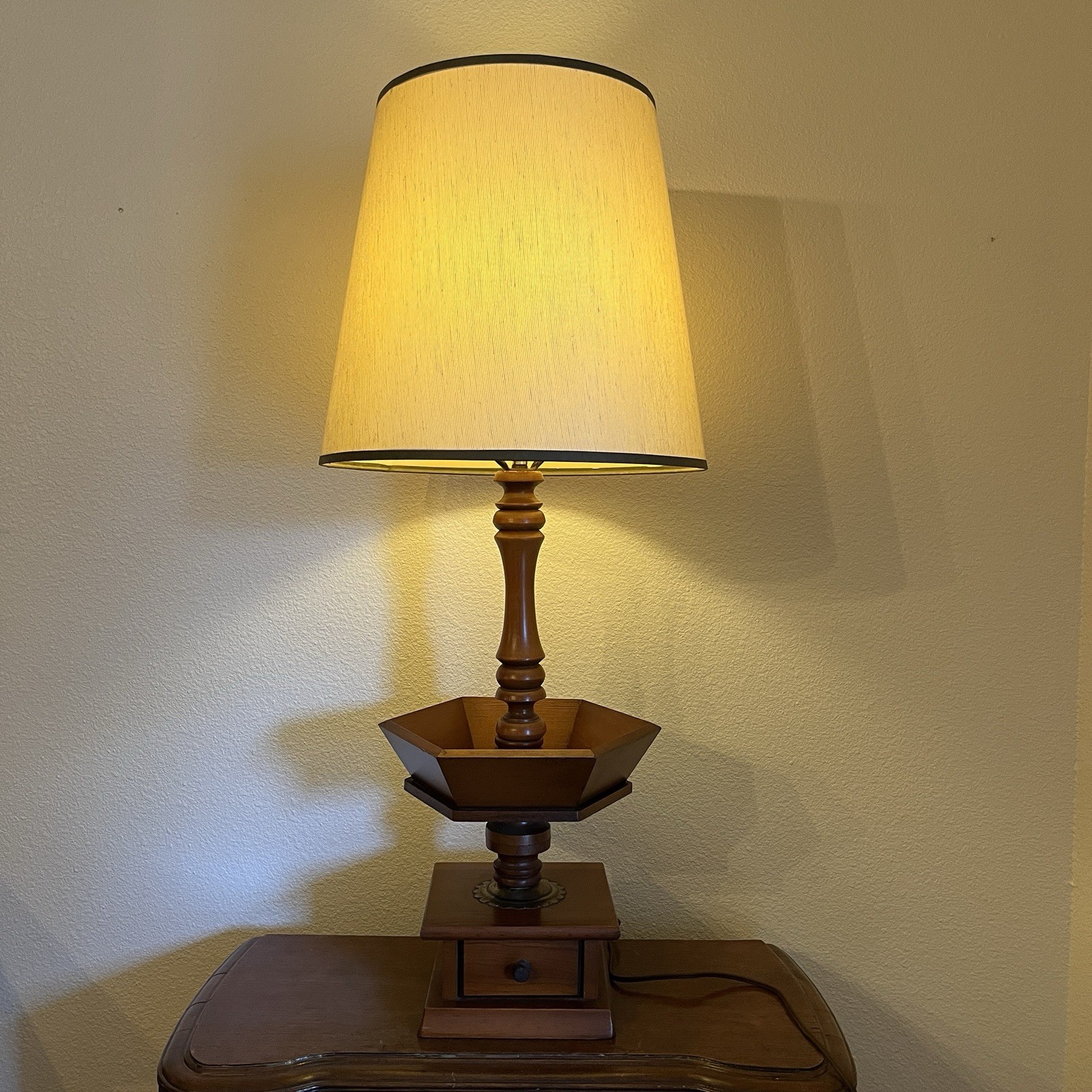 Rare Vintage Wooden Table Lamp with Catch-all Tray/Candy Dish Brass accent Rare Vintage Wooden Table Lamp with Catch-all Tray/Candy Dish Brass accent