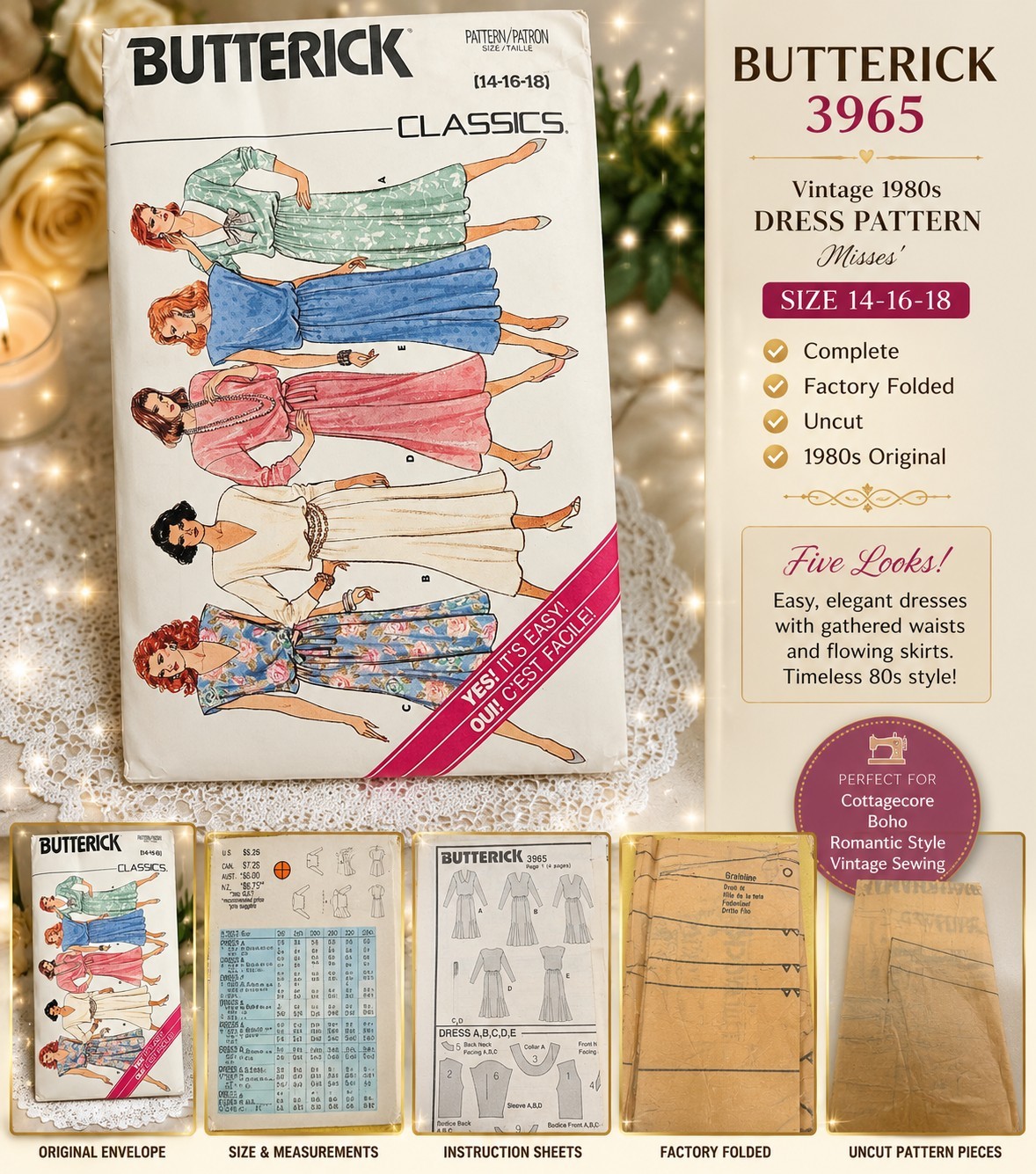 Butterick 3965 Vintage 1980s Dress Pattern Size 14 16 18 Uncut Factory Folded...