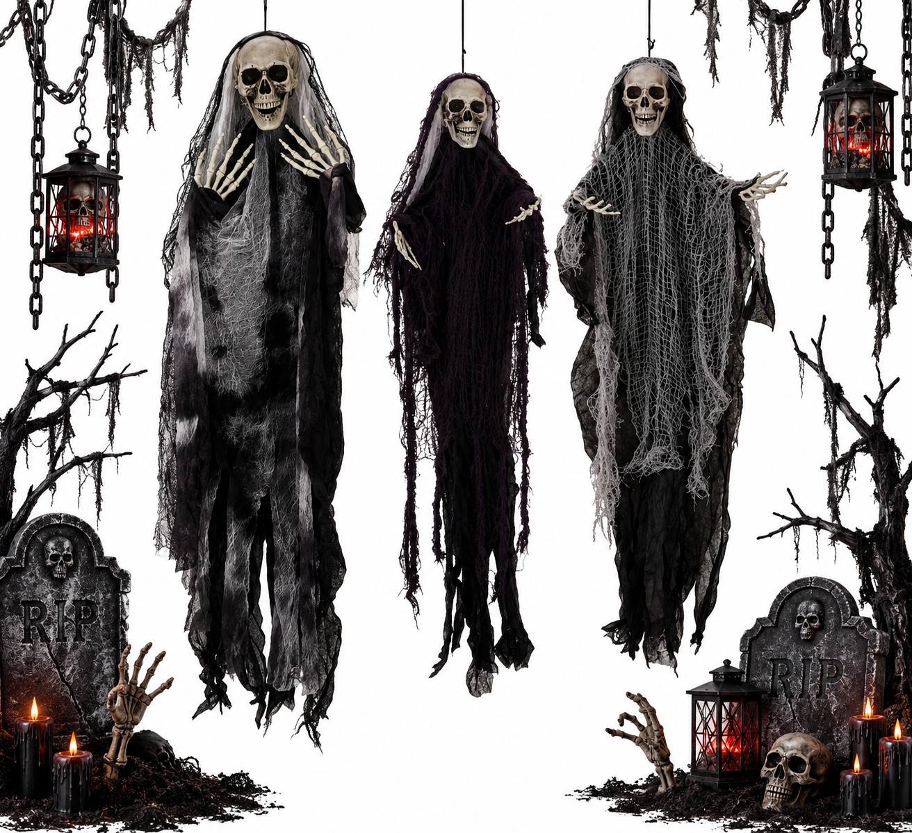 3 Pack Hanging Halloween Skeleton Ghosts Grim Reaper Spooky Scary Outdoor Decor 3 Pack Hanging Halloween Skeleton Ghosts Grim Reaper Spooky Scary Outdoor Decor