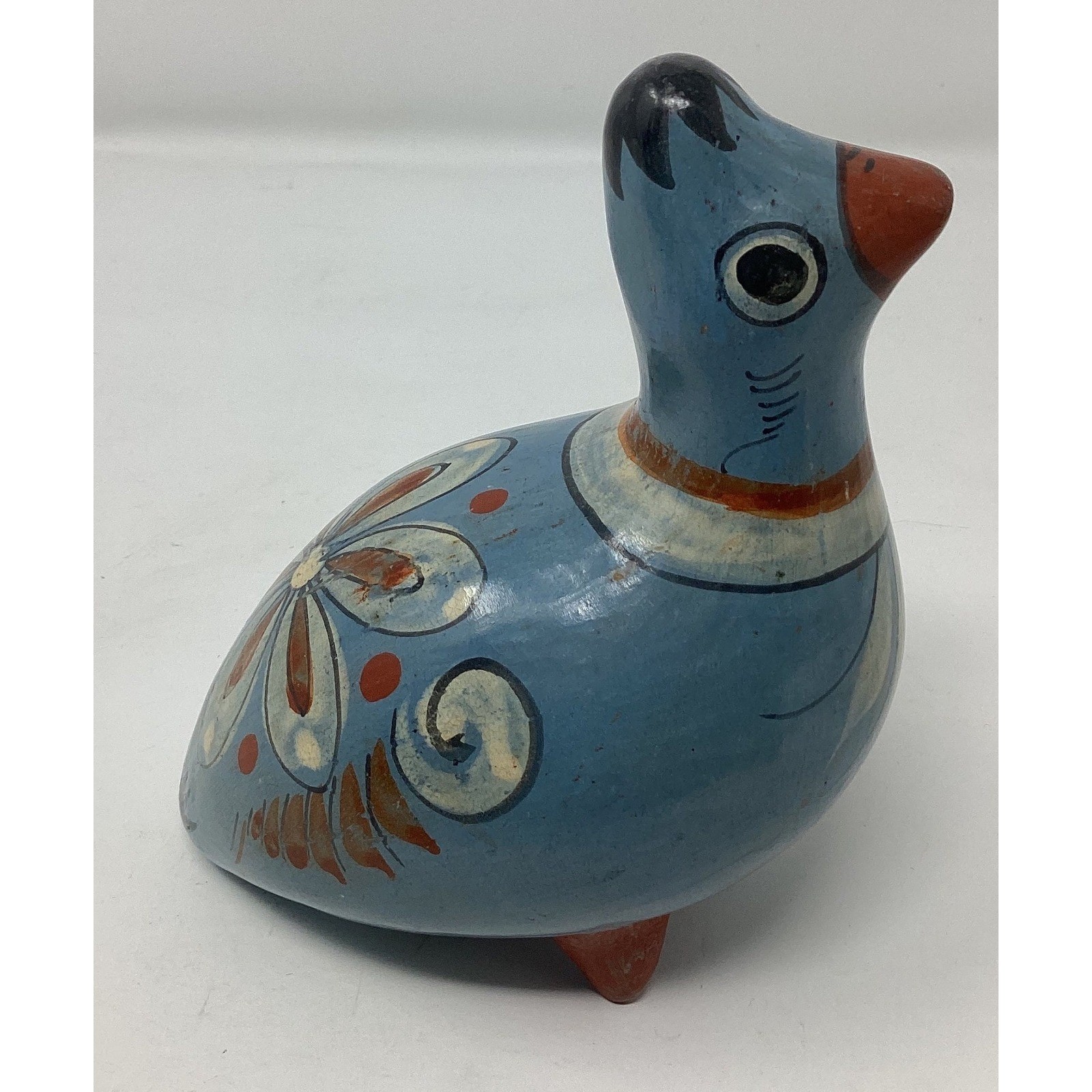 Vintage blue folk art Mexican pottery clay duck