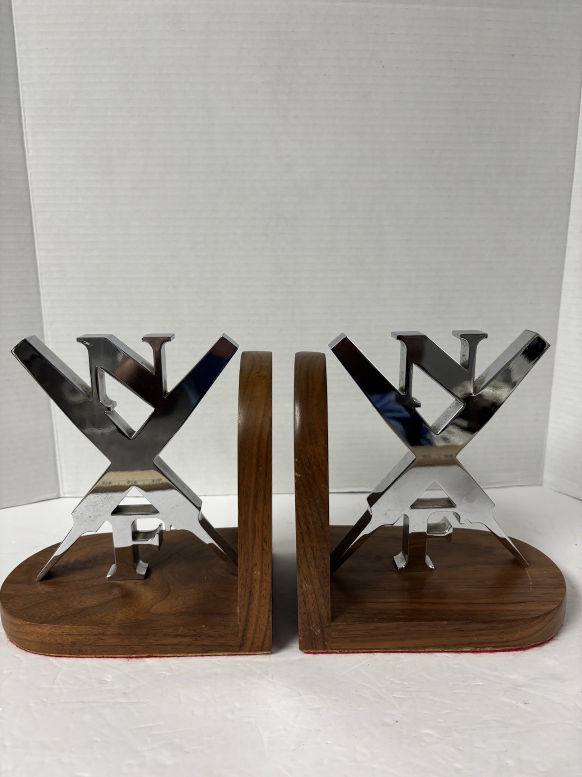 Vintage Chrome Metal NF Monogram Bookends Wood Bases Heavy 7.5” Pair