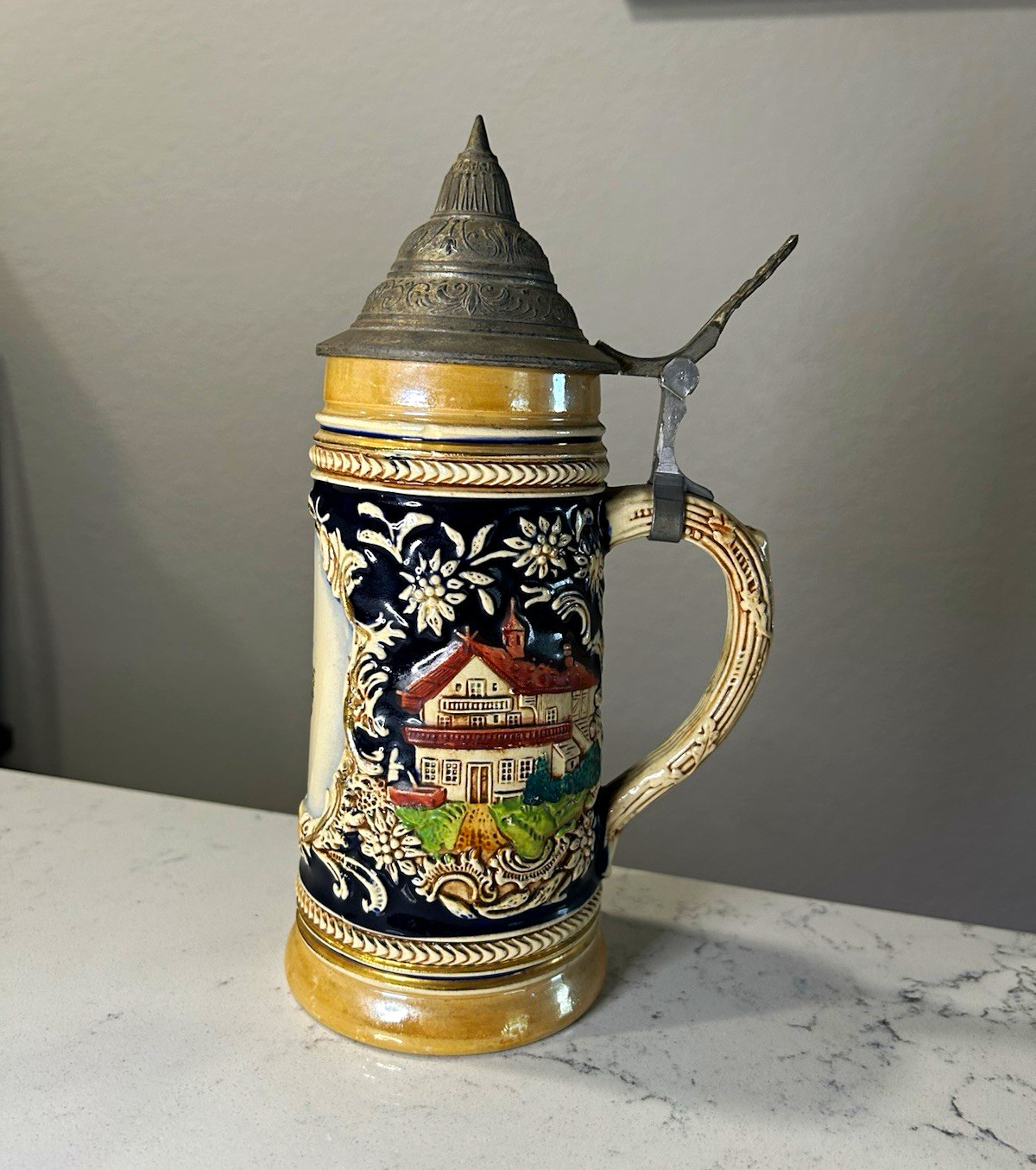 Rare German Lidded Beer Stein with Pewter Lid Breweriana, Stamped Rare German Lidded Beer Stein with Pewter Lid Breweriana, Stamped
