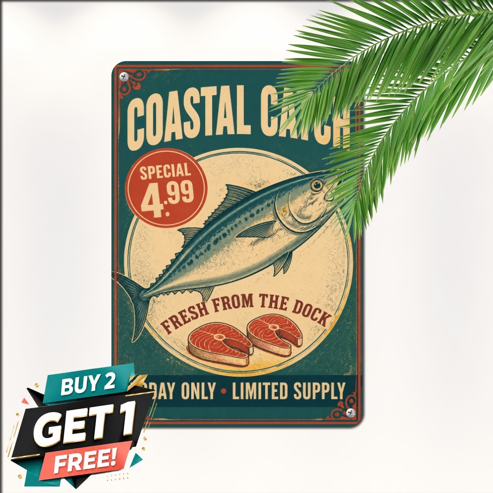 Fresh Seafood Fish Market Sign Vintage Dining Room Decor Metal Tin Sign 8x12