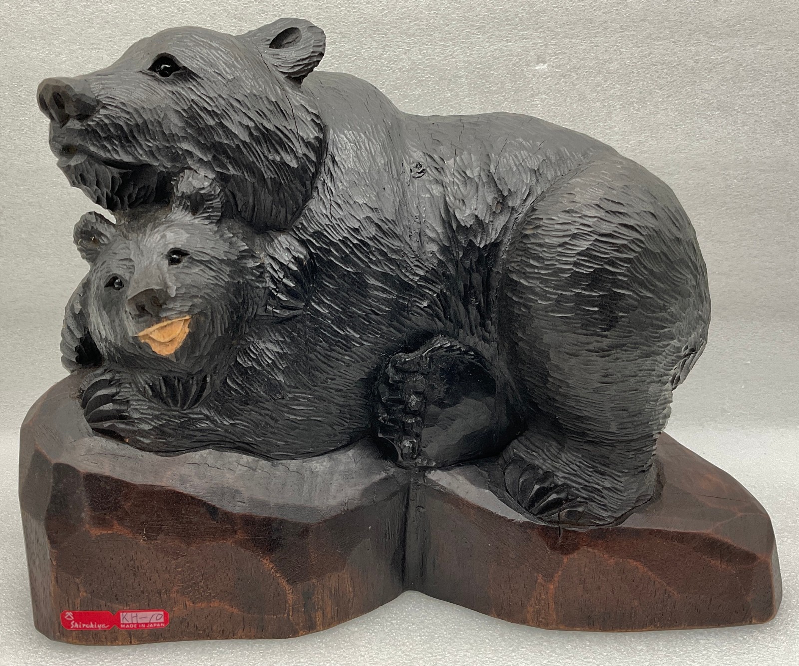 Vintage Japanese Hokkaido Ainu Carved Wooden Bear And Cub Sculpture - Signed