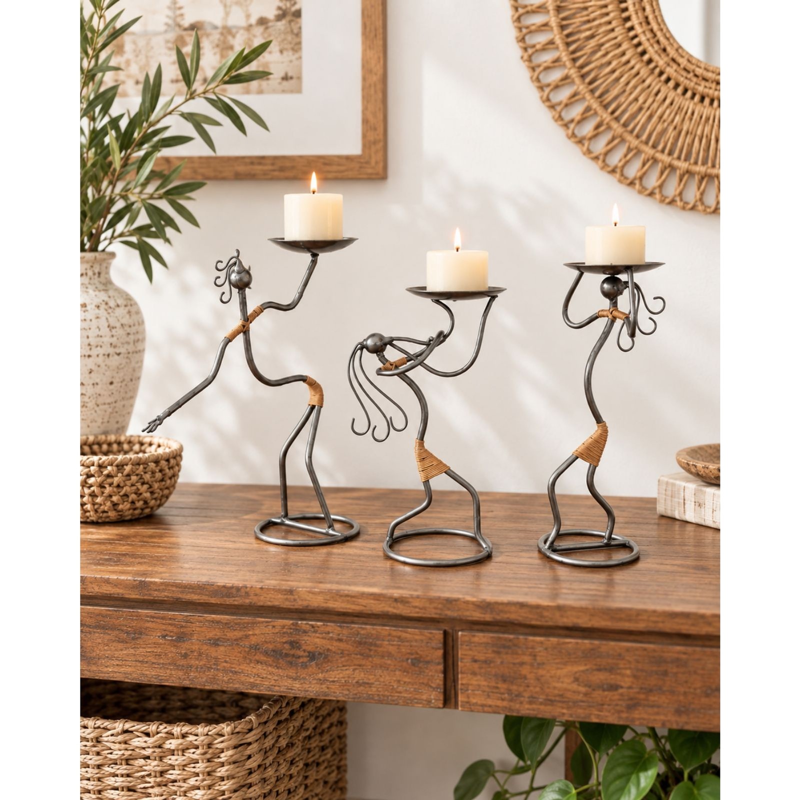 Vintage Mid Century Brutalist Wire Candle Holders Set of 3 Tribal Folk Art