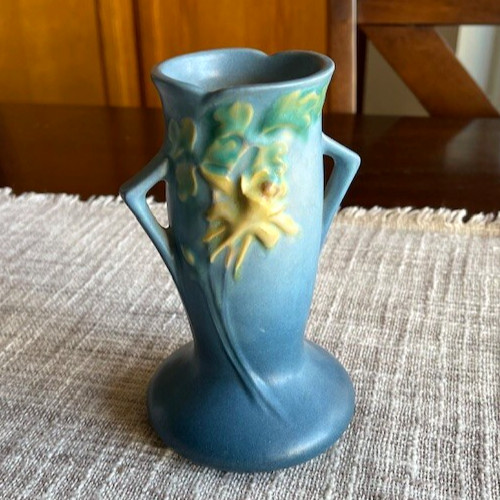 Vintage Roseville Pottery Blue 1941 Columbine 6 inch Vase style 13-6 Cottagecore