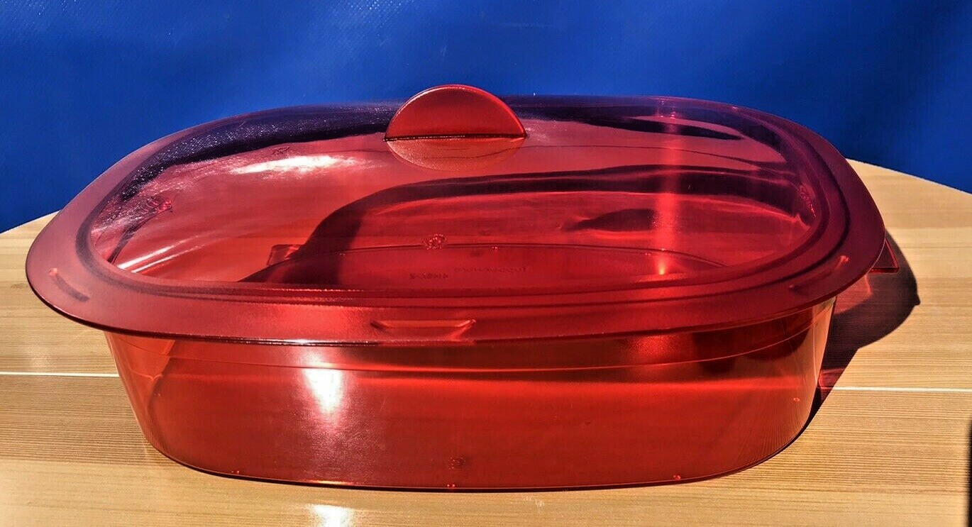 Tupperware New Beautiful Transparent Red Oval Microwave steamer 2.1L ..
