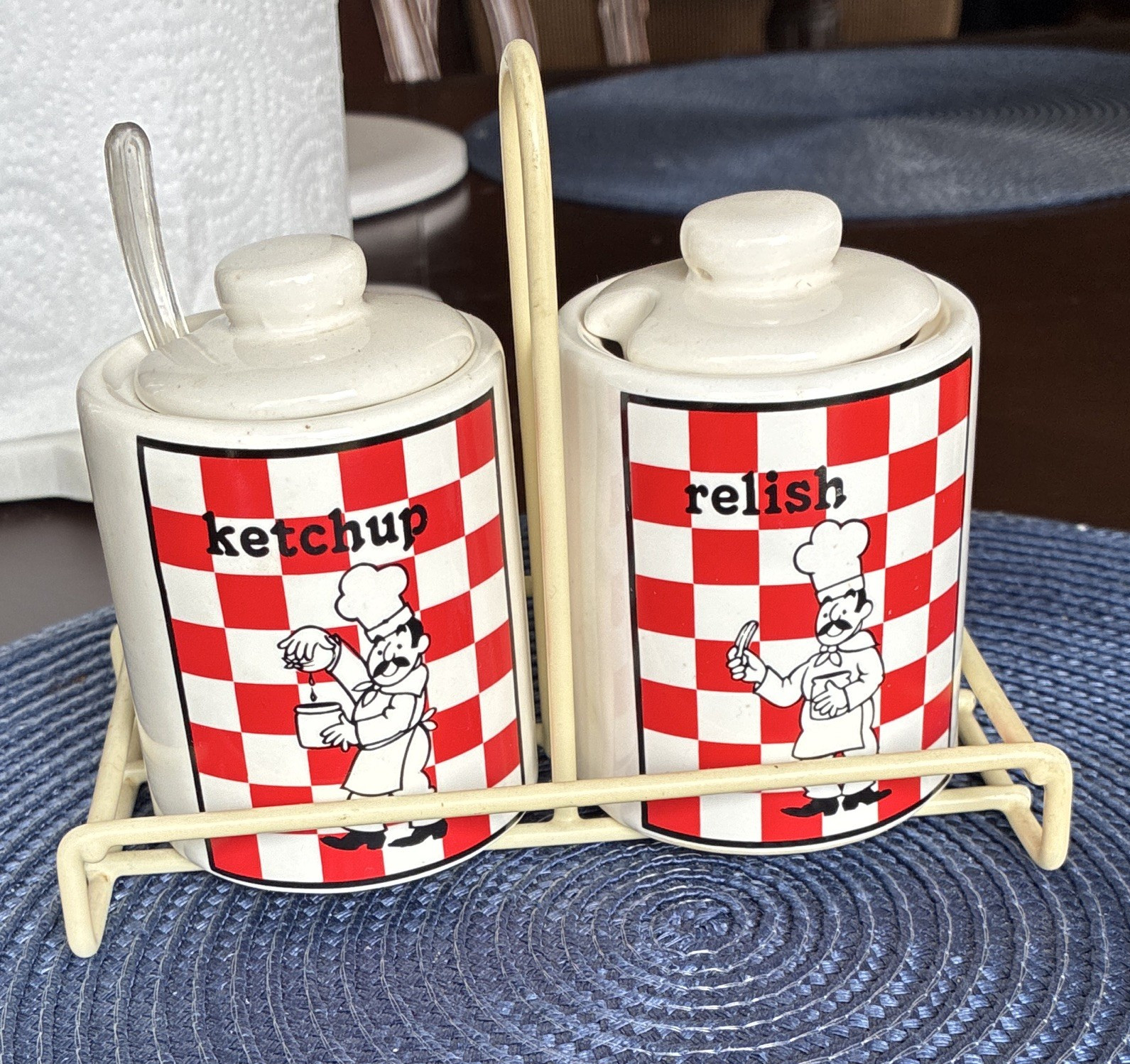 Vintage Red Checkered Chef Condiment Jars Set Ketchup Relish Caddy Japan MCM BBQ