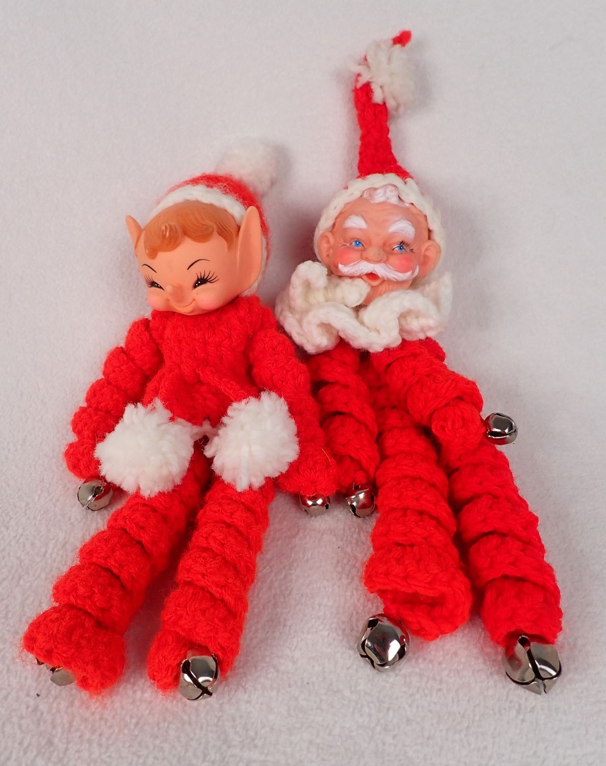 VTG Handmade Curly Crocheted Christmas Elf Pixie & Santa Set of Two