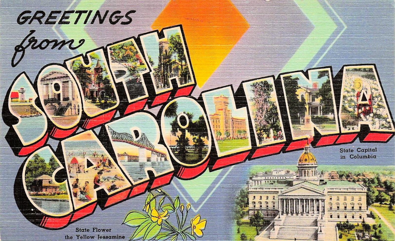 South Carolina Large Letter Columbia State Capitol Linen Vtg Postcard J62