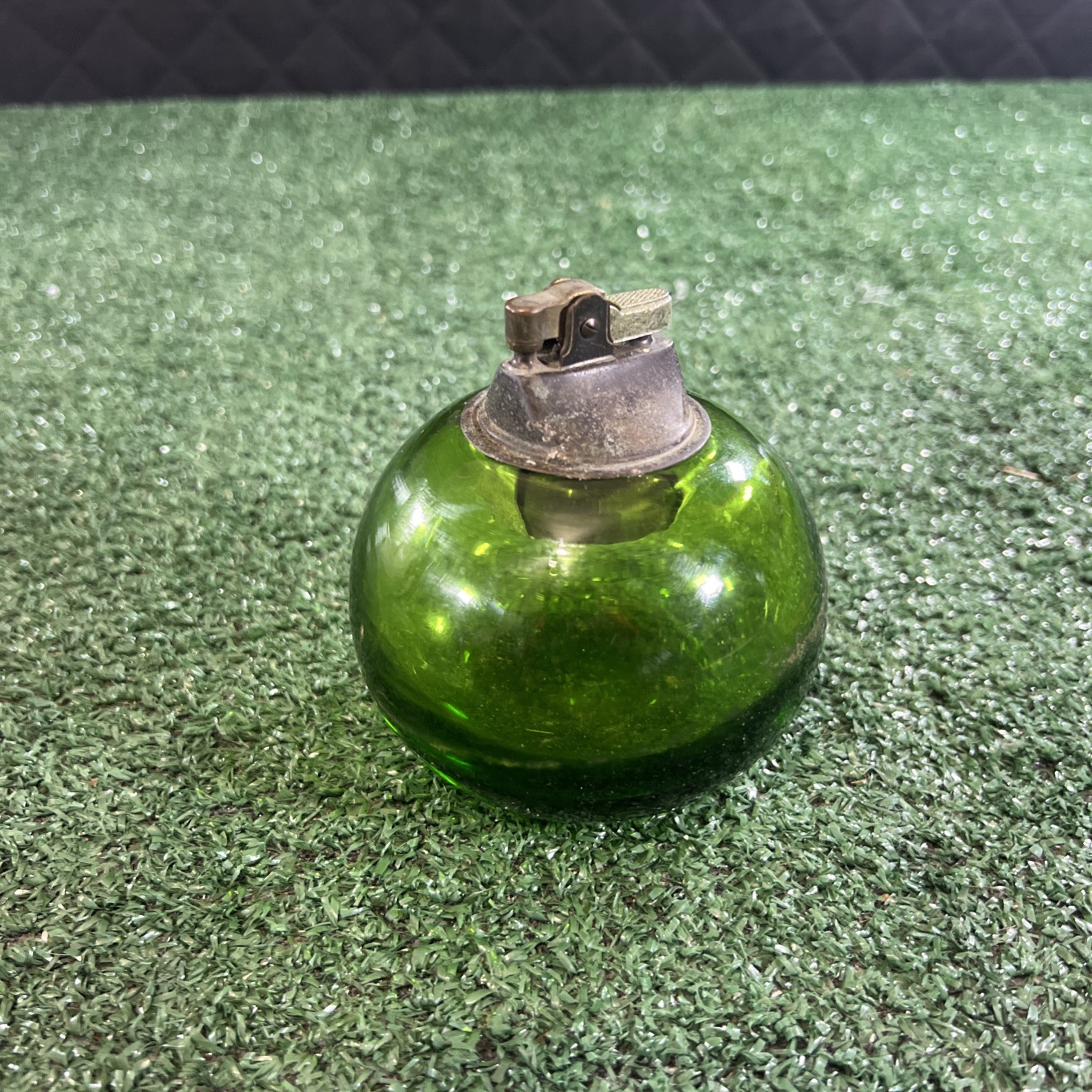 Mid century Green blown Glass Tabletop Lighter with Metal Top Made In Japan Mid century Green blown Glass Tabletop Lighter with Metal Top Made In Japan