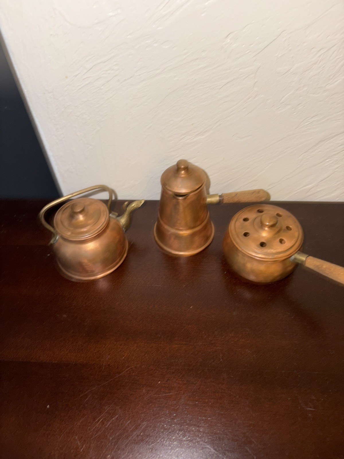 Set of three vintage miniature copper kitchenware serving pieces Set of three vintage miniature copper kitchenware serving pieces