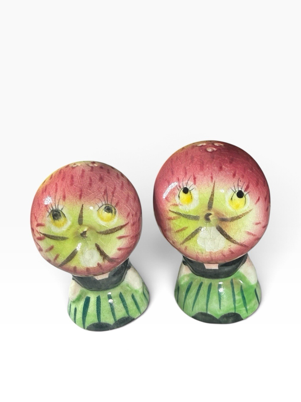 Vintage Japan Ceramic Anthropomorphic Apple Face Salt Pepper Shakers Kitsch