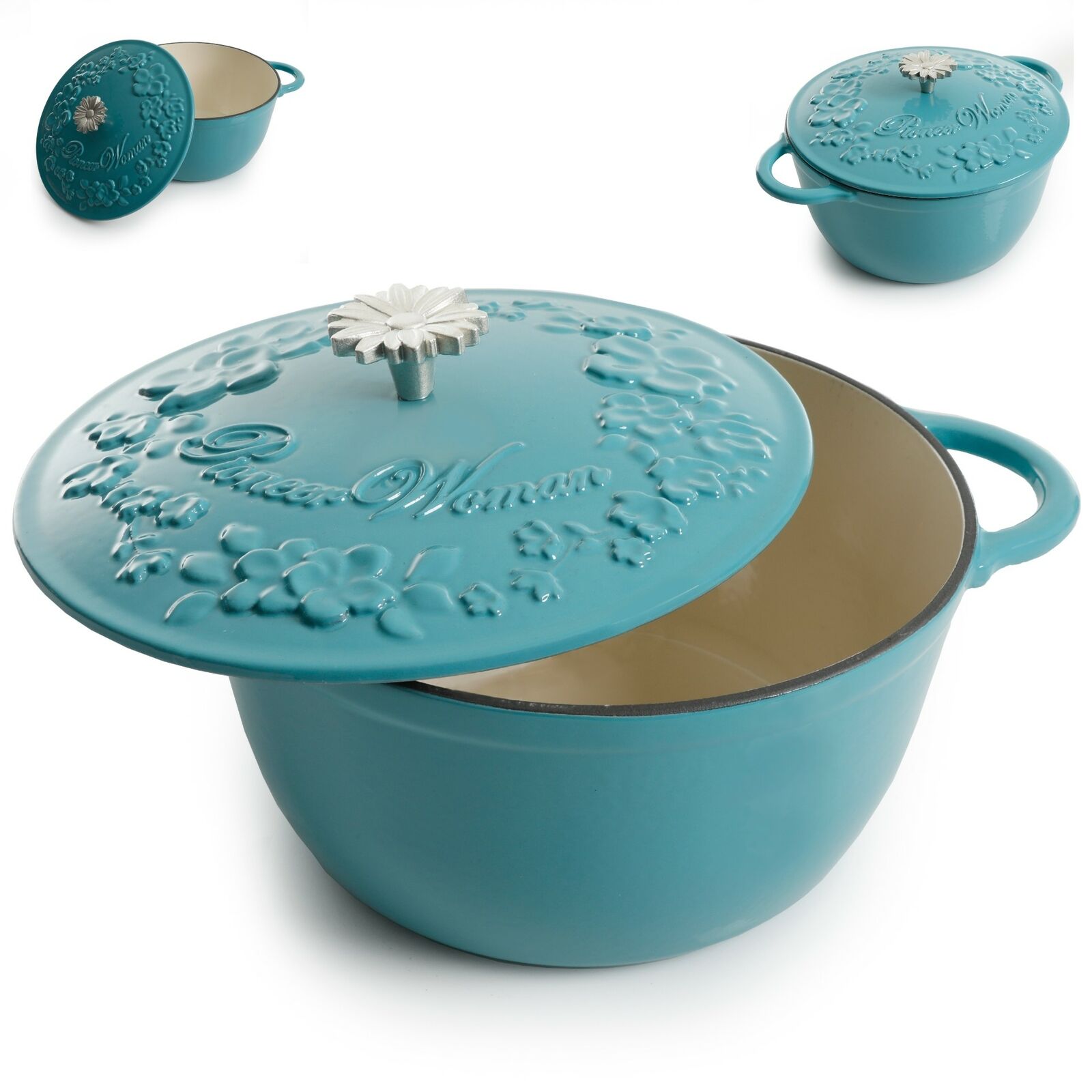 5 Quart Enameled Cast Iron Dutch Oven Floral Turquoise Kitchen Cooking Cookware