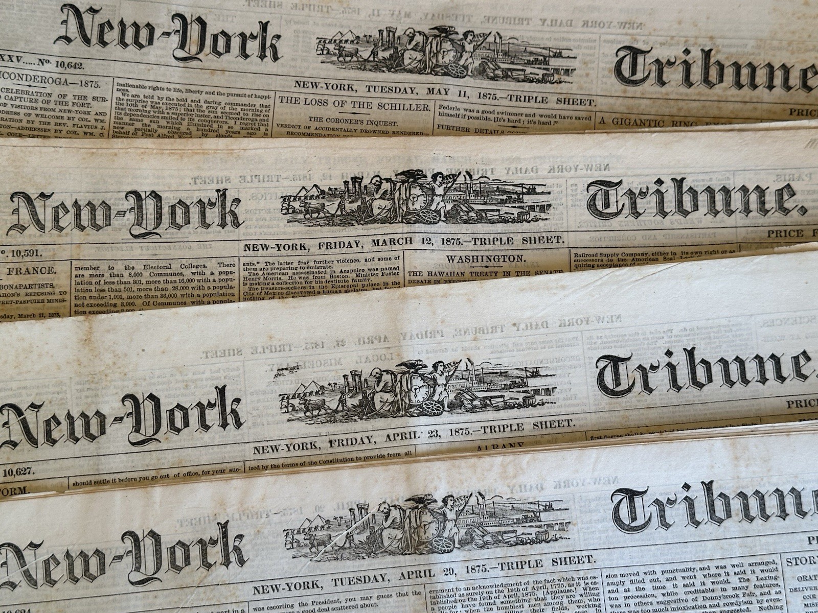 FOUR Vintage 1875 New York Tribune Historic Newspaper's RARE