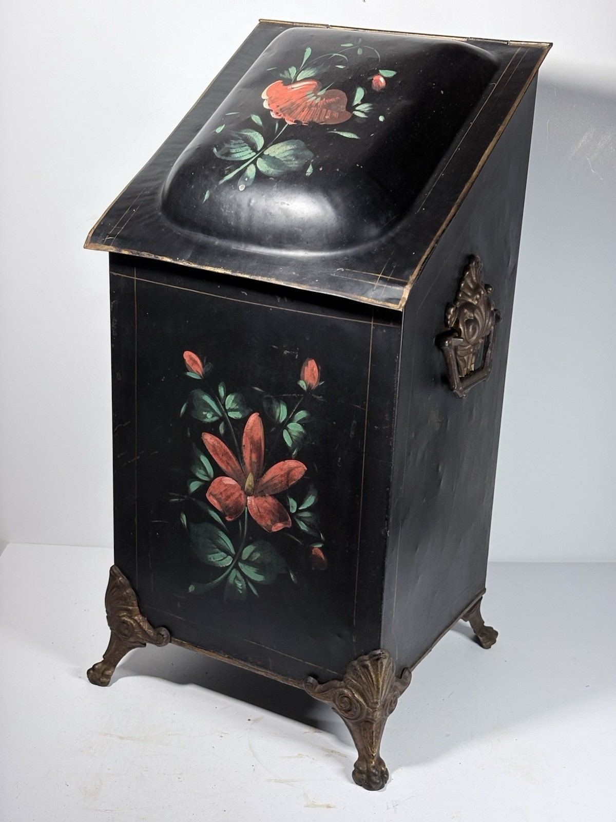 VTG Antique Coal Scuttle Bin Black Hand Painted Floral Cast Brass Feet Cabriole