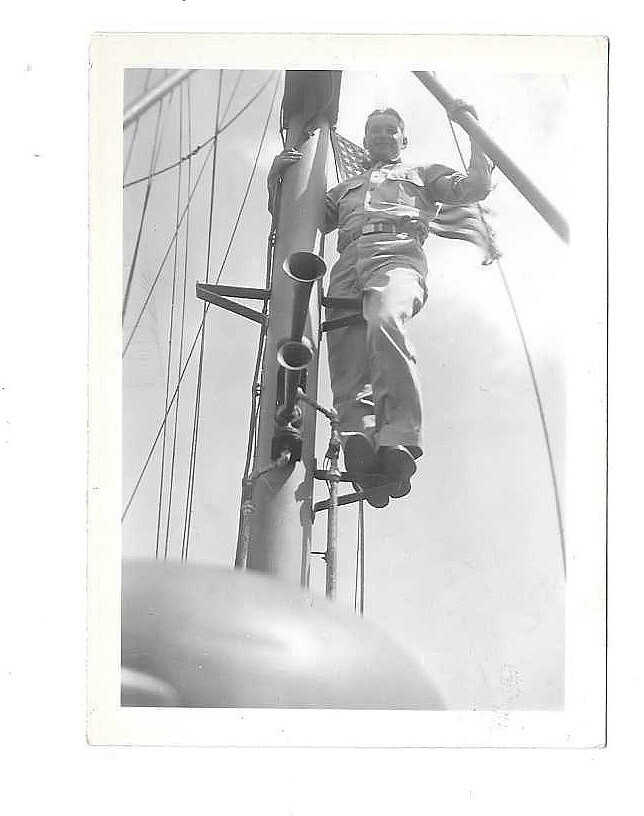 VTG B&W Small Photo Navy Sailor Climbing Mast Of Ship American Flag Military