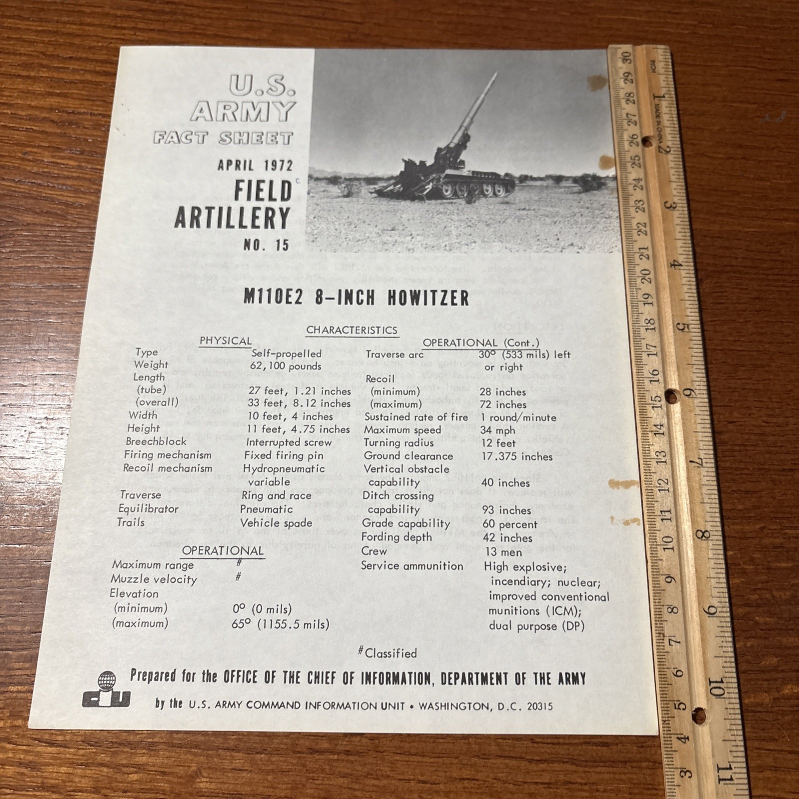 VTG 1972 U.S Army Fact Sheet Field Artillery 15: M110E2 8-Inch Howitzer Tank
