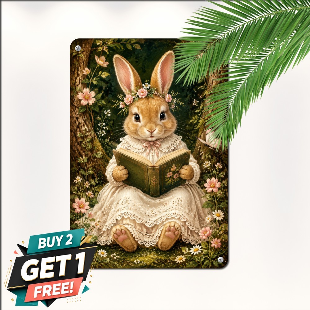 Springtime Reading Rabbit Metal Sign Whimsical Easter Bunny Wall Plaque