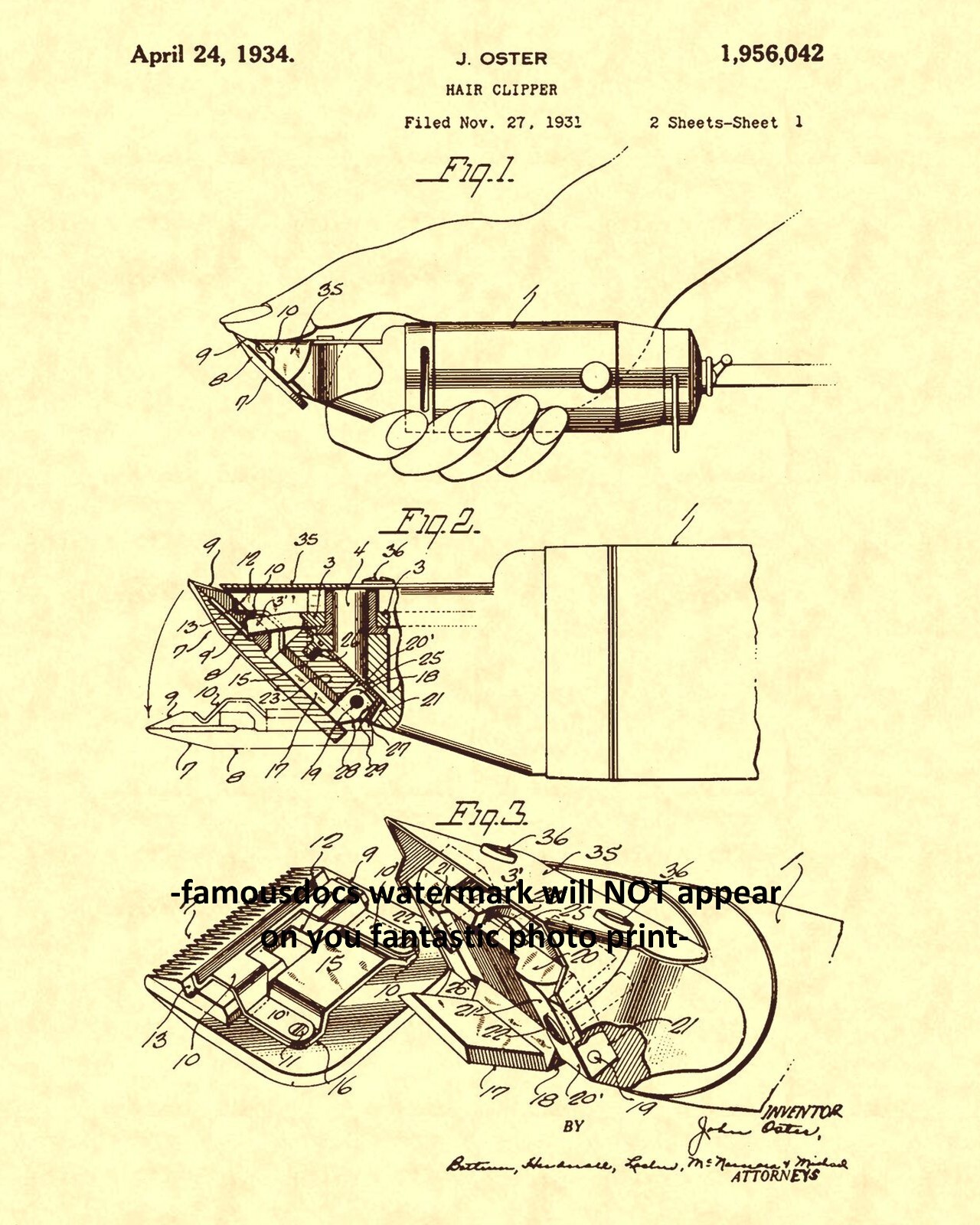 Barber Shop Electric Clipper PATENT Design 1934 ART 8x10 Photo Reprint