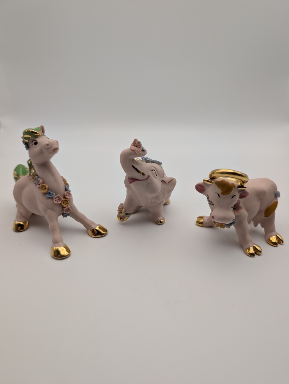 Vintage Hagen Renaker Pink Gold Animal Figurines Cow Elephant Horse Set of 3 Vintage Hagen Renaker Pink Gold Animal Figurines Cow Elephant Horse Set of 3