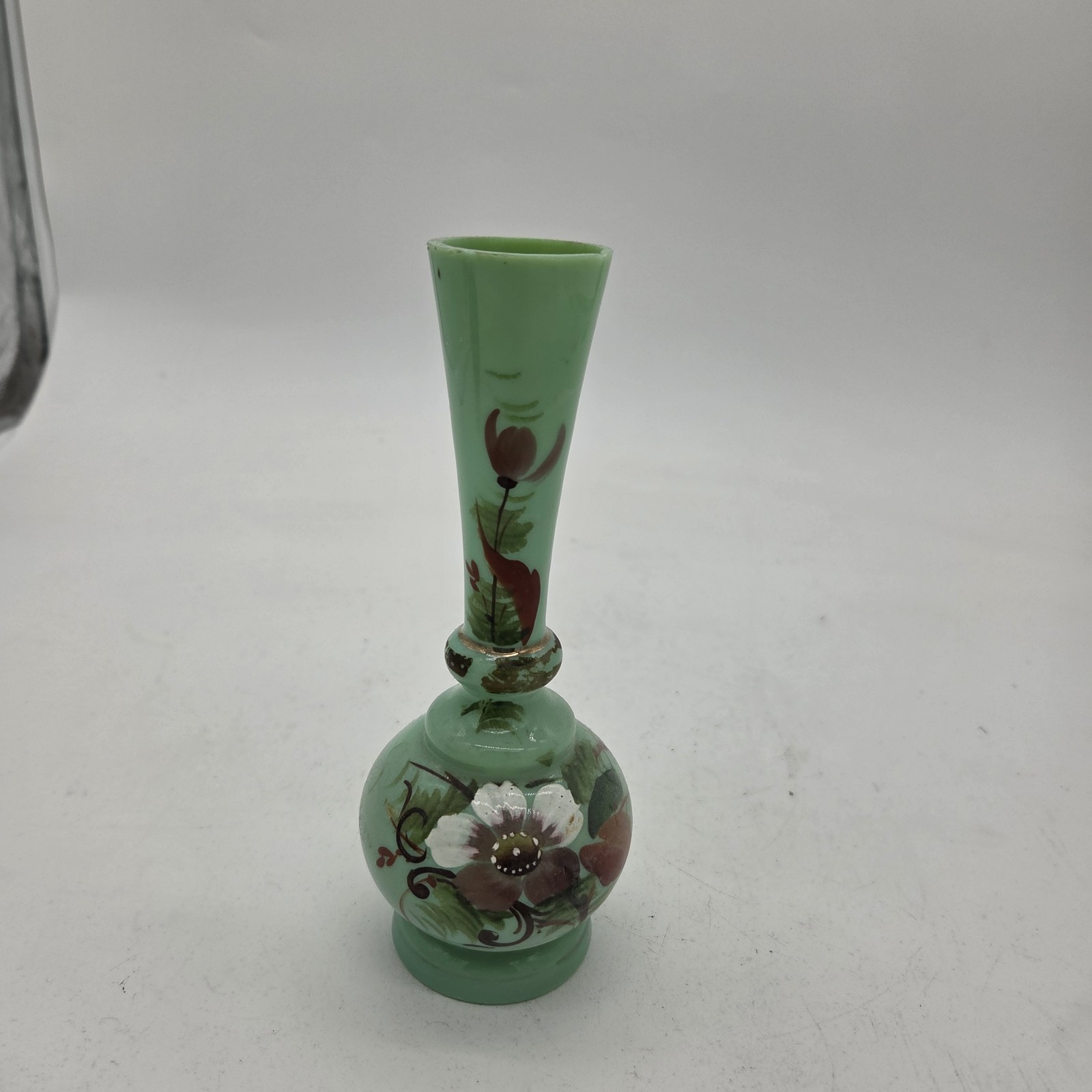 Antique Victorian Sage Opaline Vase with hand painted flower 8\