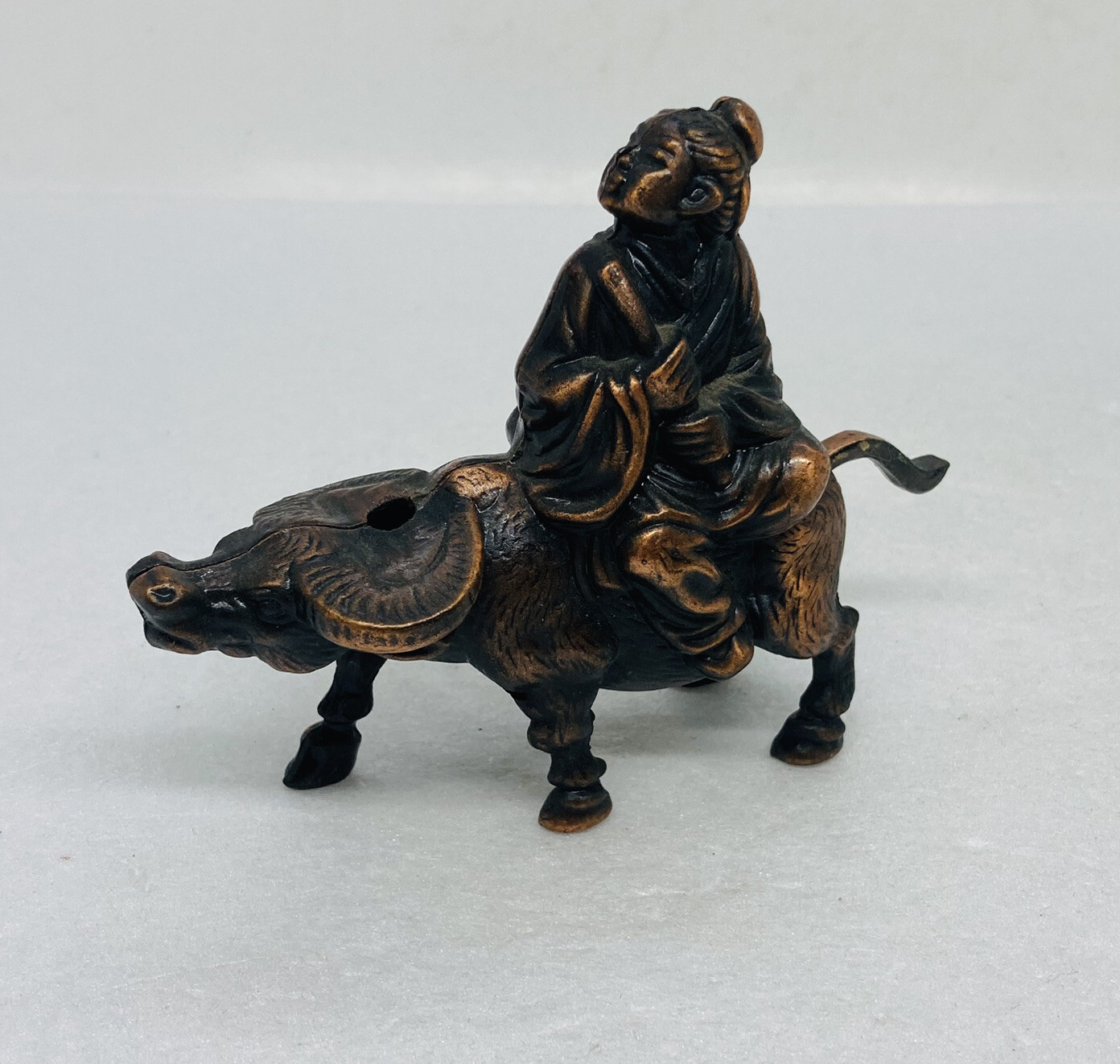 Very Rare Bronze Lighter Man Riding Ox Water Buffalo Tail Flip Vintage Decor 1