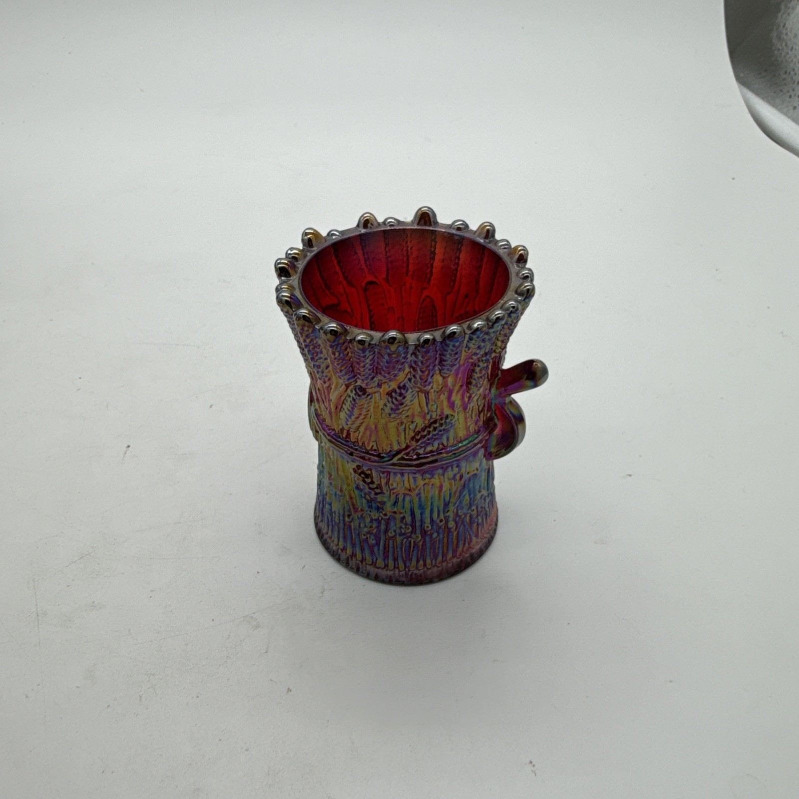 Vtg Bob Maude St. Clair Toothpick Holder Wheat Corn Iridescent Amberina 3