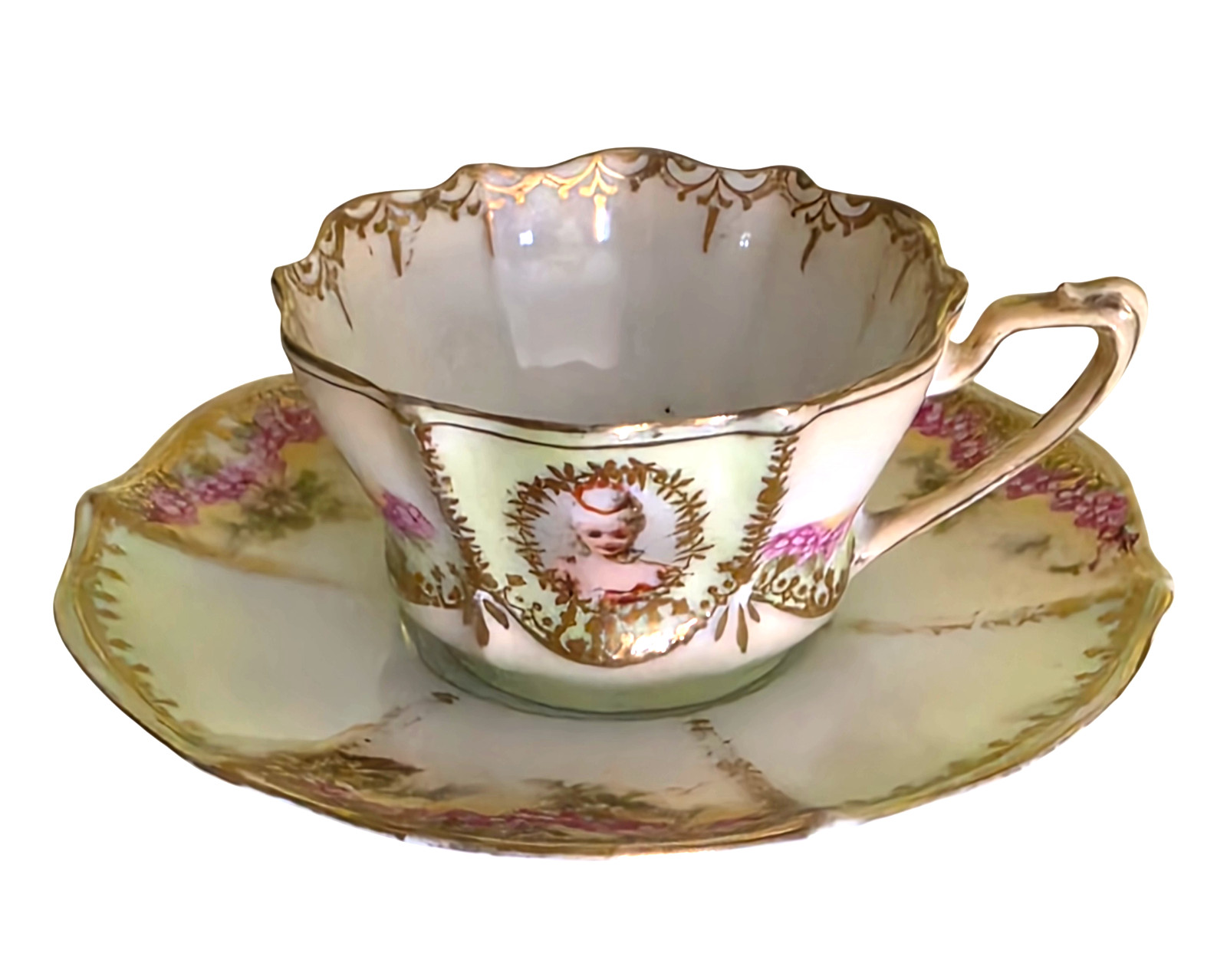 Antique RS Prussia Red Mark Demitasse Cup Saucer Victorian Lady Portrait Gold Antique RS Prussia Red Mark Demitasse Cup Saucer Victorian Lady Portrait Gold