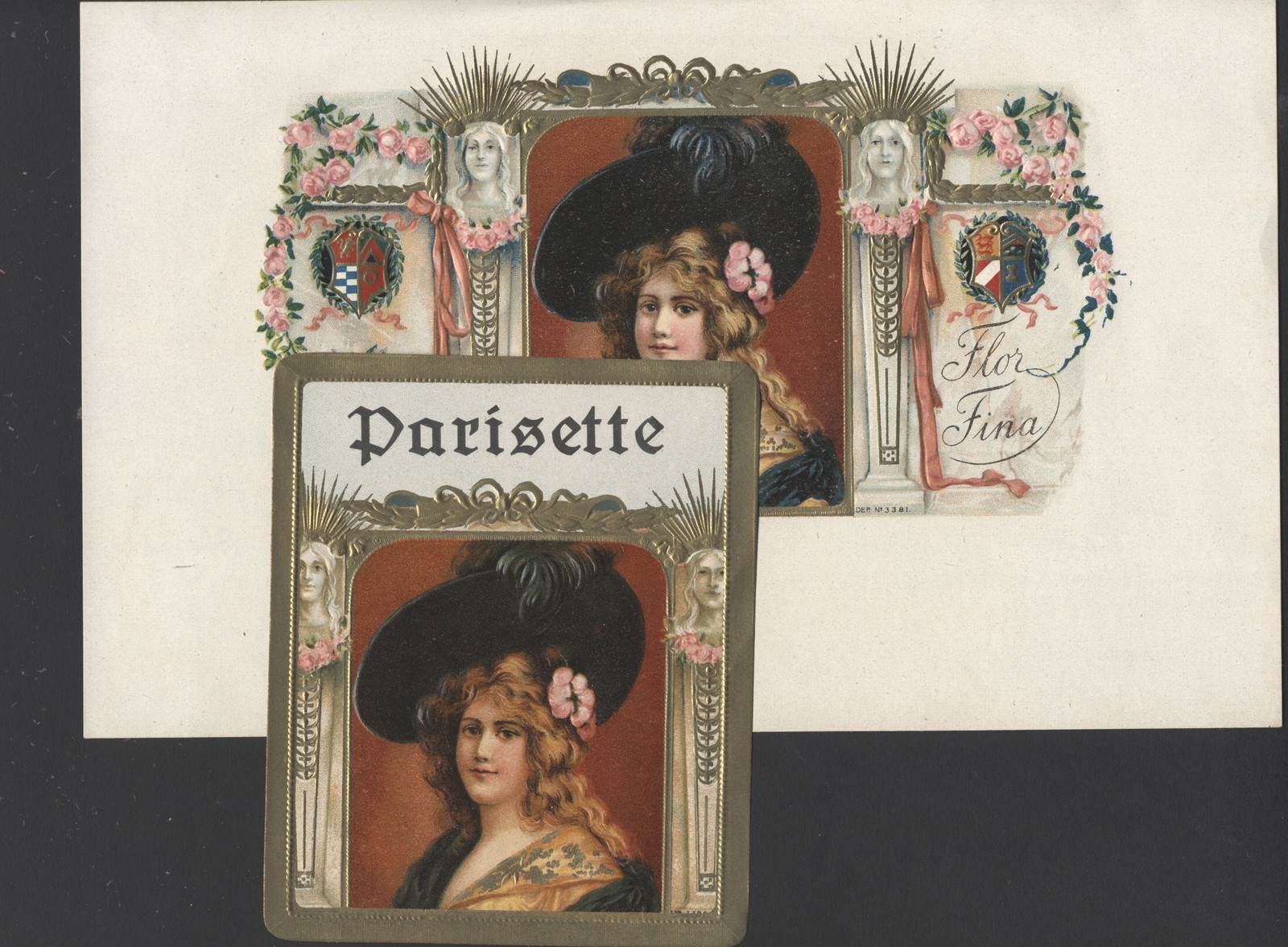 MB4247 SET OF 2 OLD  VINTAGE CIGARBOX LABELS BELLE EPOQUE PARISETTE EMBOSSED