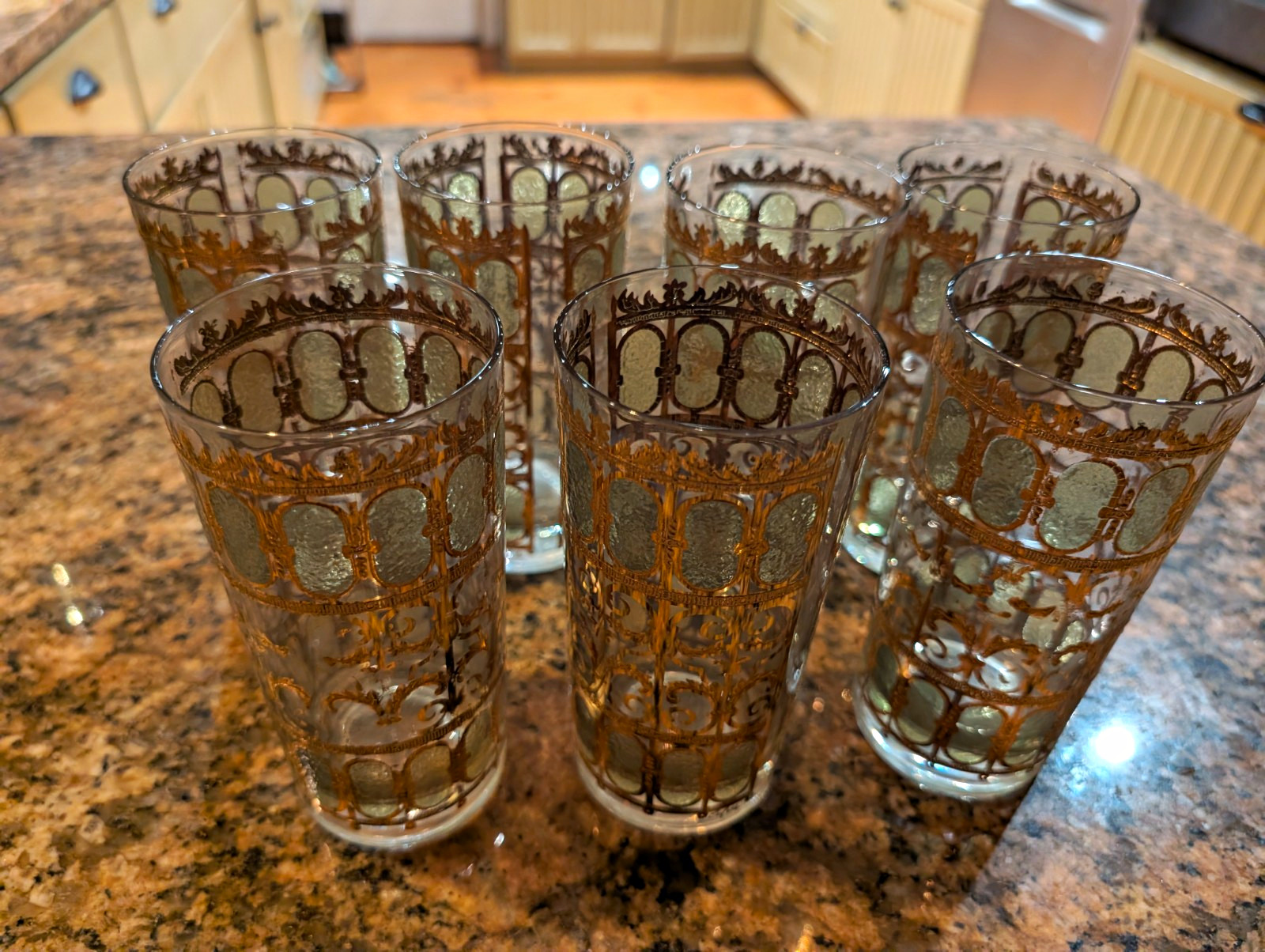 7 Vtg Culver Pisa Highball Glasses Signed 22K Gold Green Arches MCM Barware Set