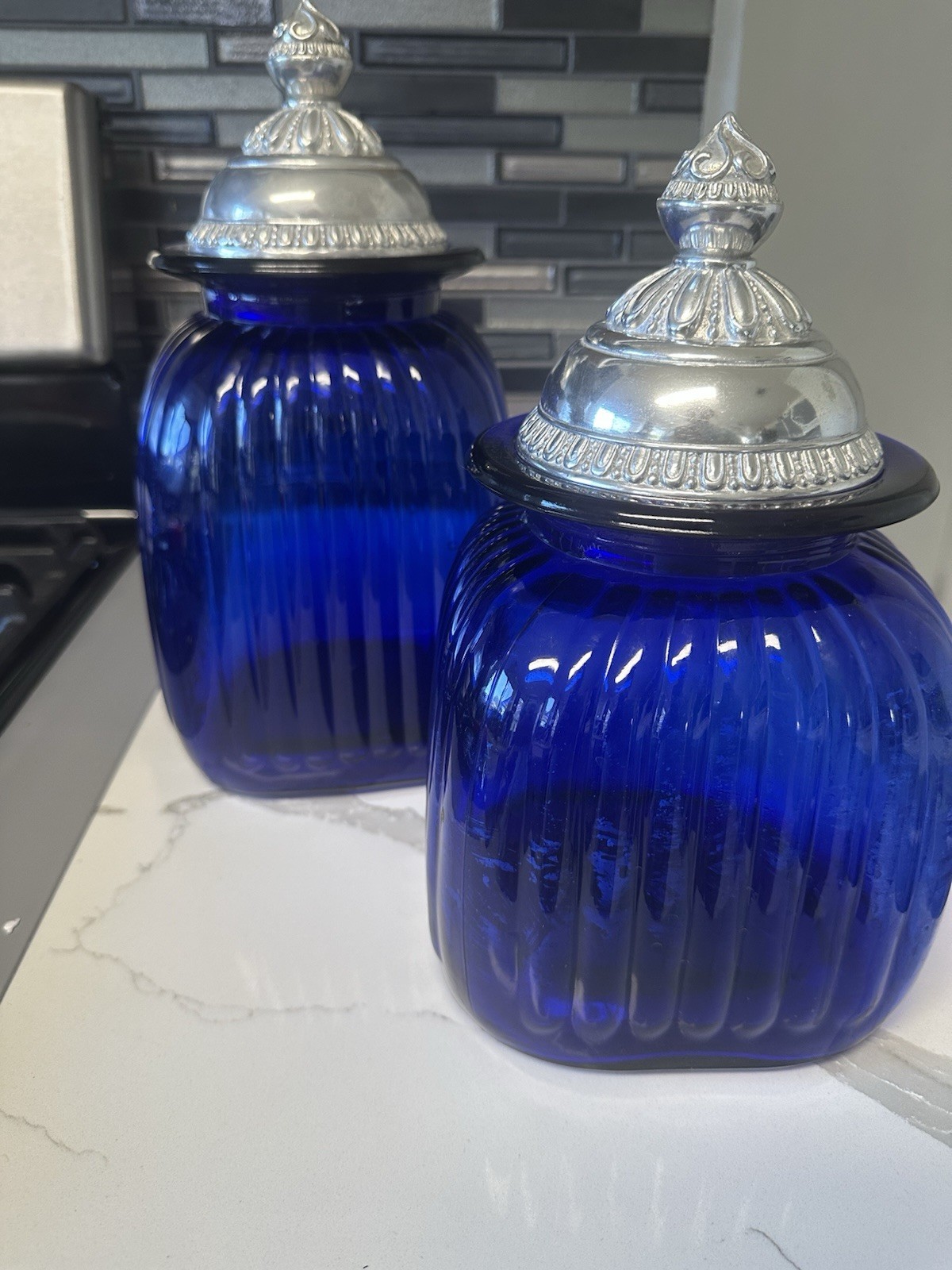 Vintage 2pc Artland Cobalt Blue Glass Jar Canisters-Vintage Kitchen