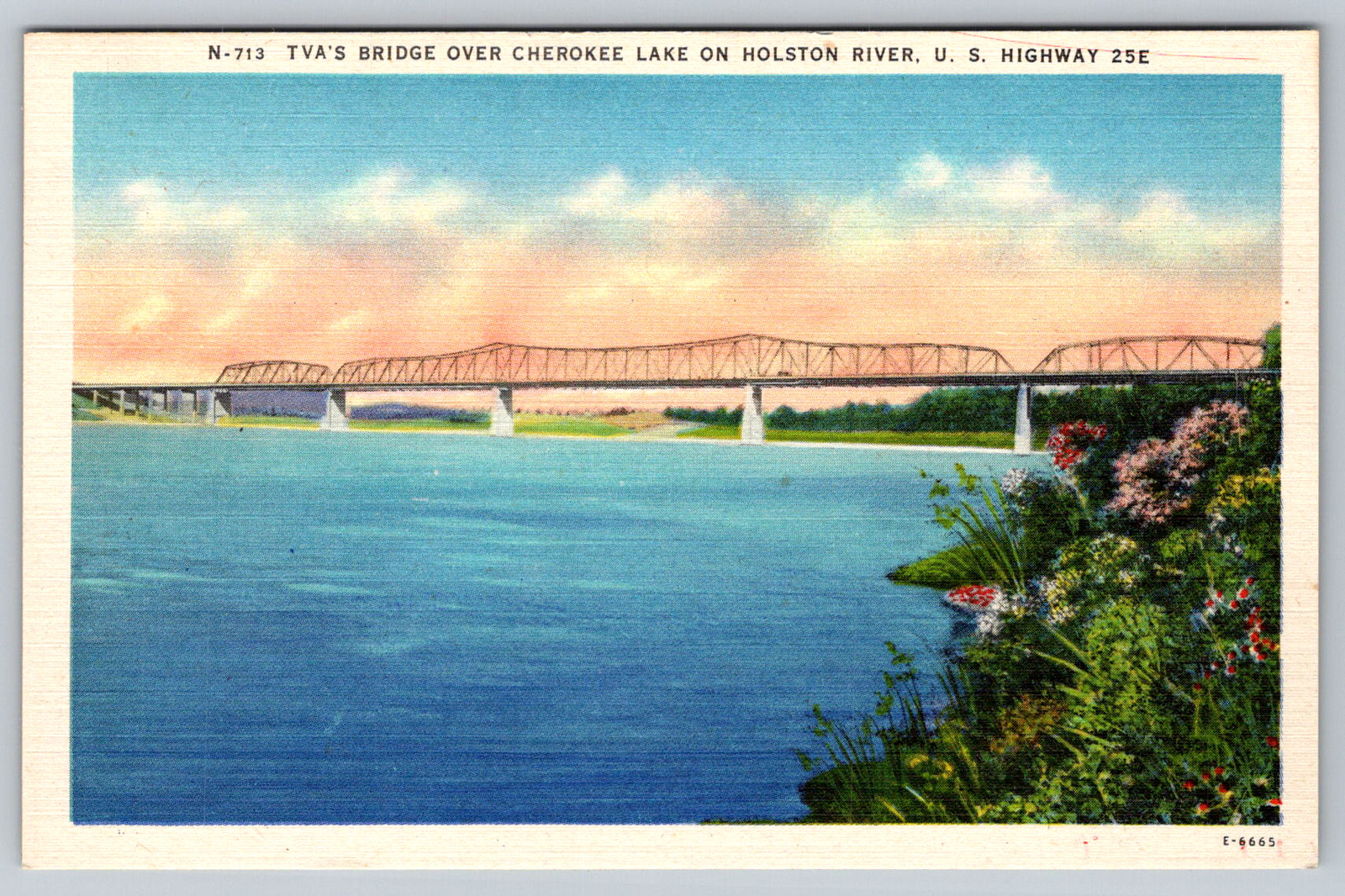 c1940s TVA Bridge Cherokee Lake Holston River NC Linen Postcard