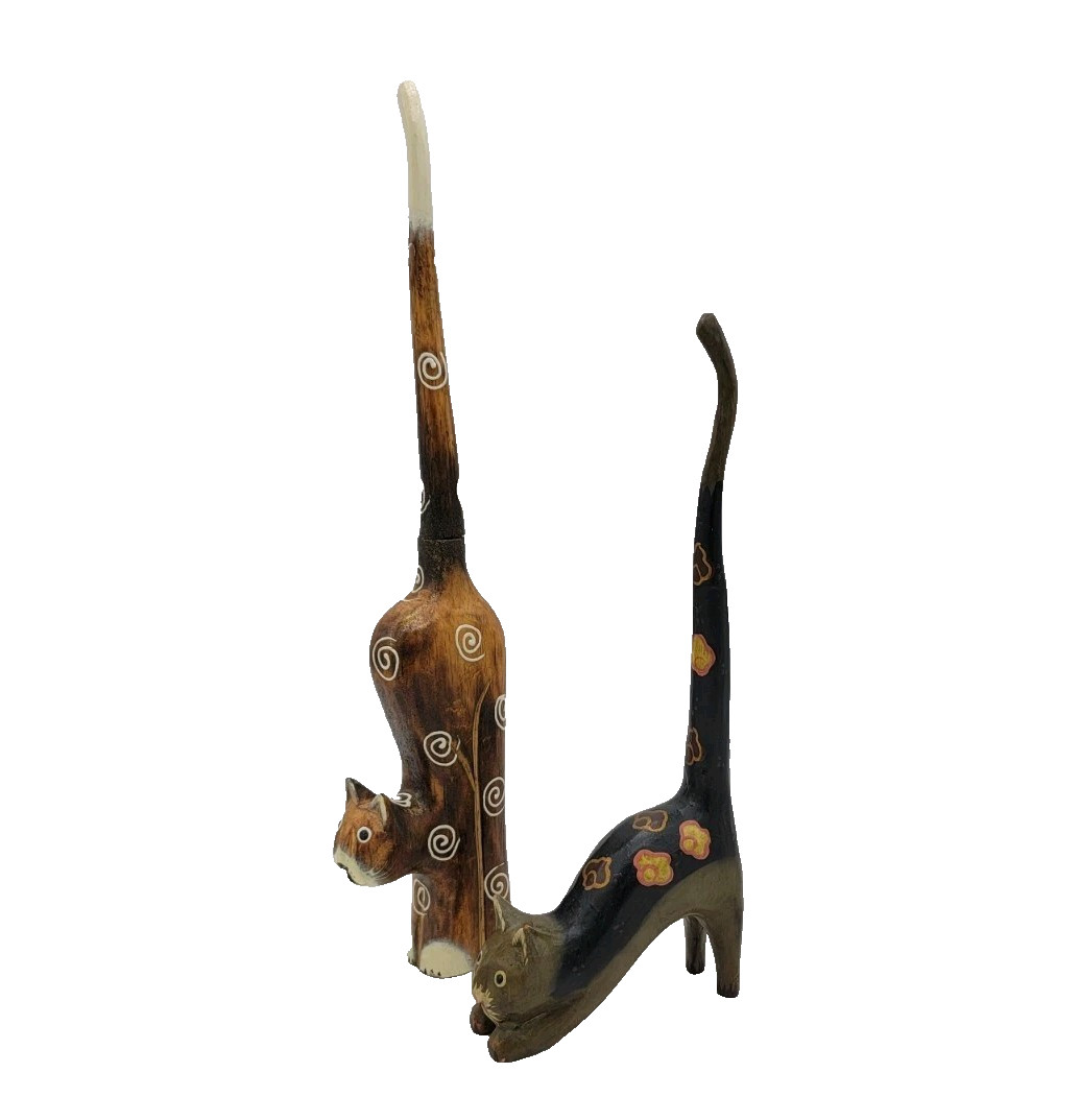 2pc Artisan Wooden Carved Cat Long Tail Indonesia Hand Crafted Painted Balinese 