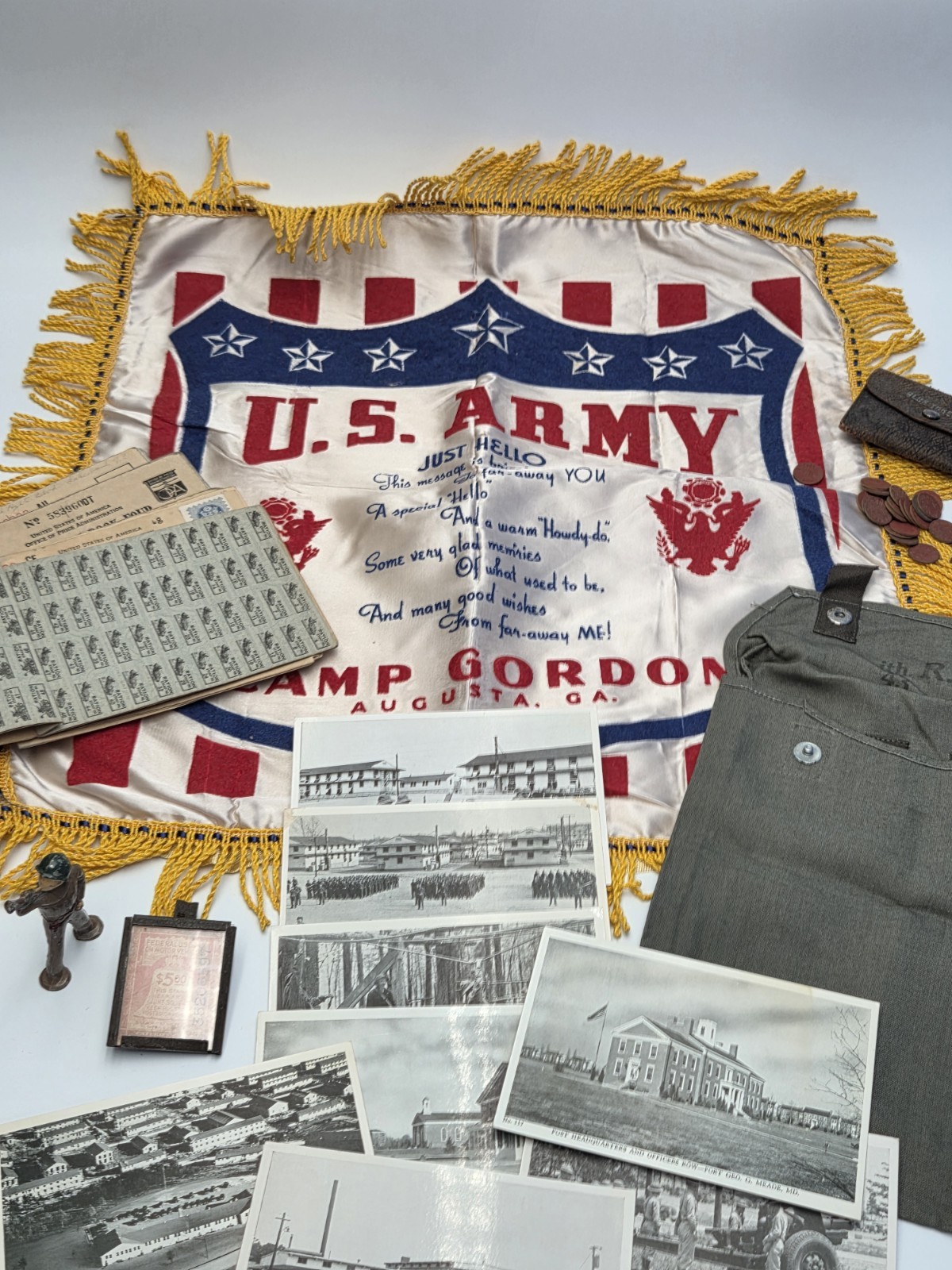 Vintage WW2 Era Memorabilia Lot - Pillow Case Gas Mask Case Post Cards Ration Vintage WW2 Era Memorabilia Lot - Pillow Case Gas Mask Case Post Cards Ration
