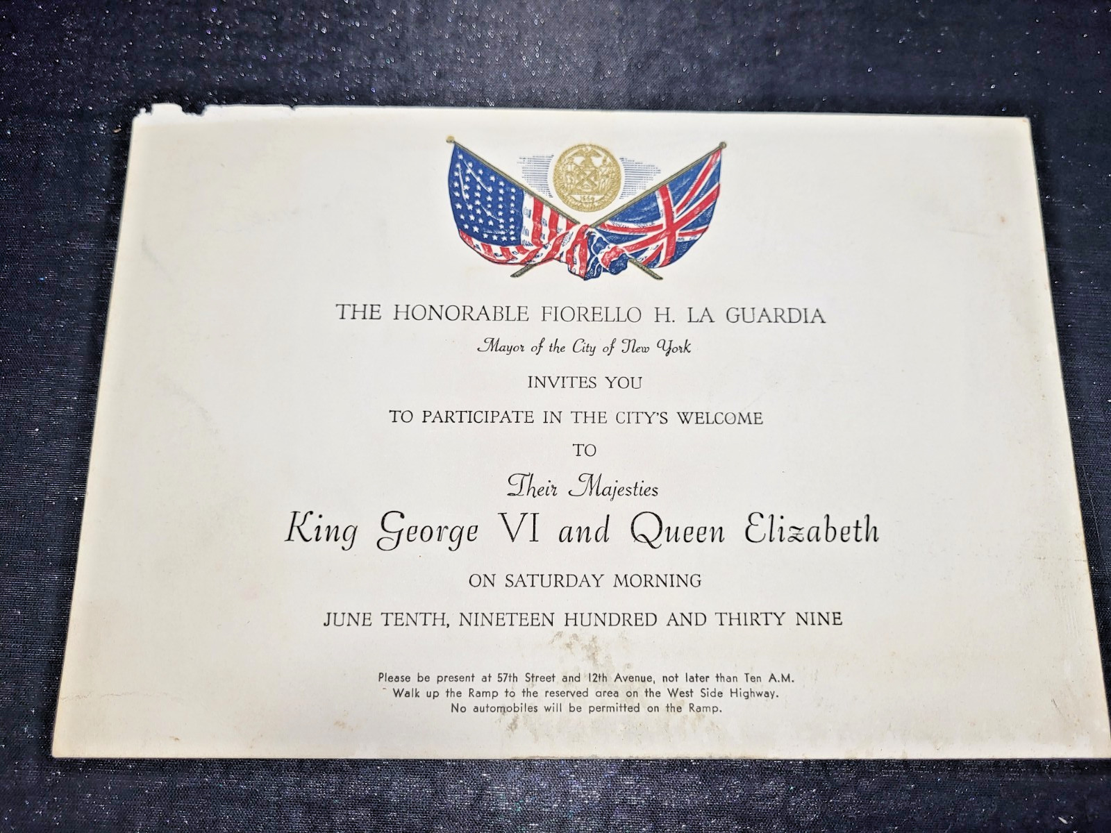 1939-King George VI & Queen Elizabeth 1939 NYC Royal Visit Invitation