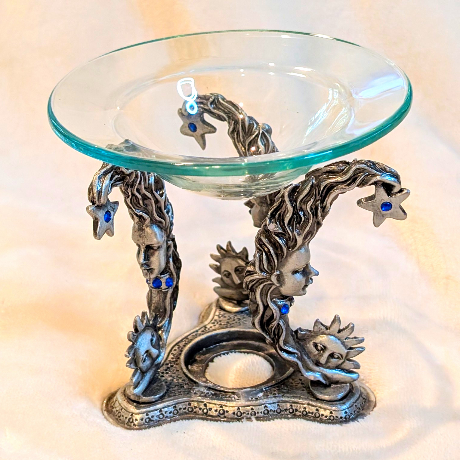 Vintage Y2K Celestial Pewter Oil Burner Candle Holder Sun Moon Blue Crystals